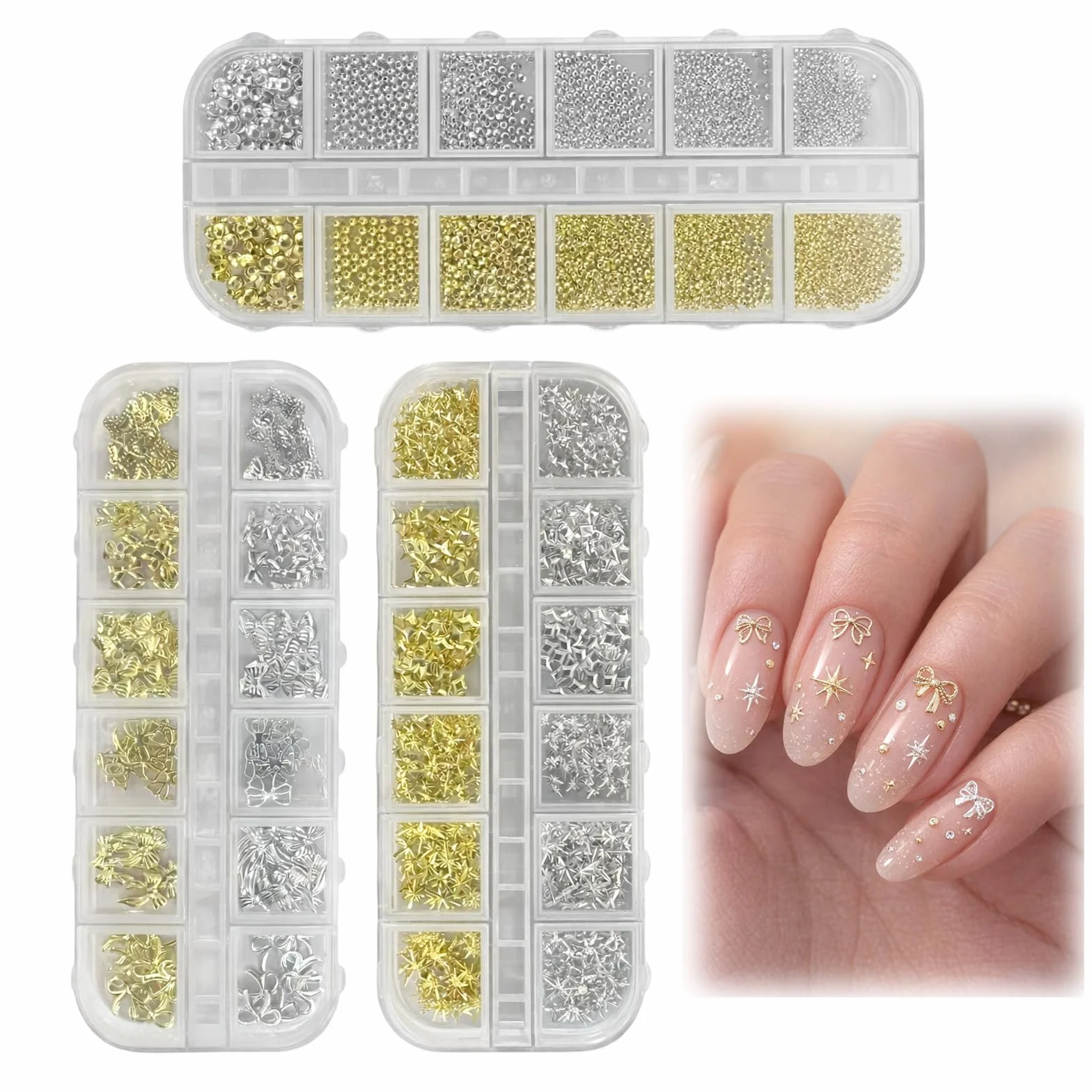 Kit Nail Art Strass Ongle Lot de 3 Boîtes 36 Types Étoile Dorée Argentée Perles Pince à Épiler