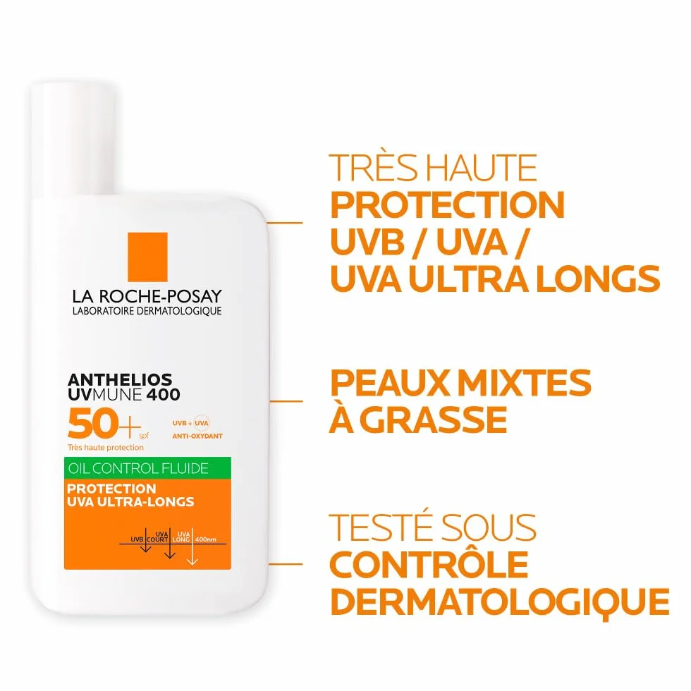 La Roche-Posay Anthelios UVMune 400 Crème Solaire Fluide SPF 50 Oil Control Haute Protection Solaire UVA/UVB