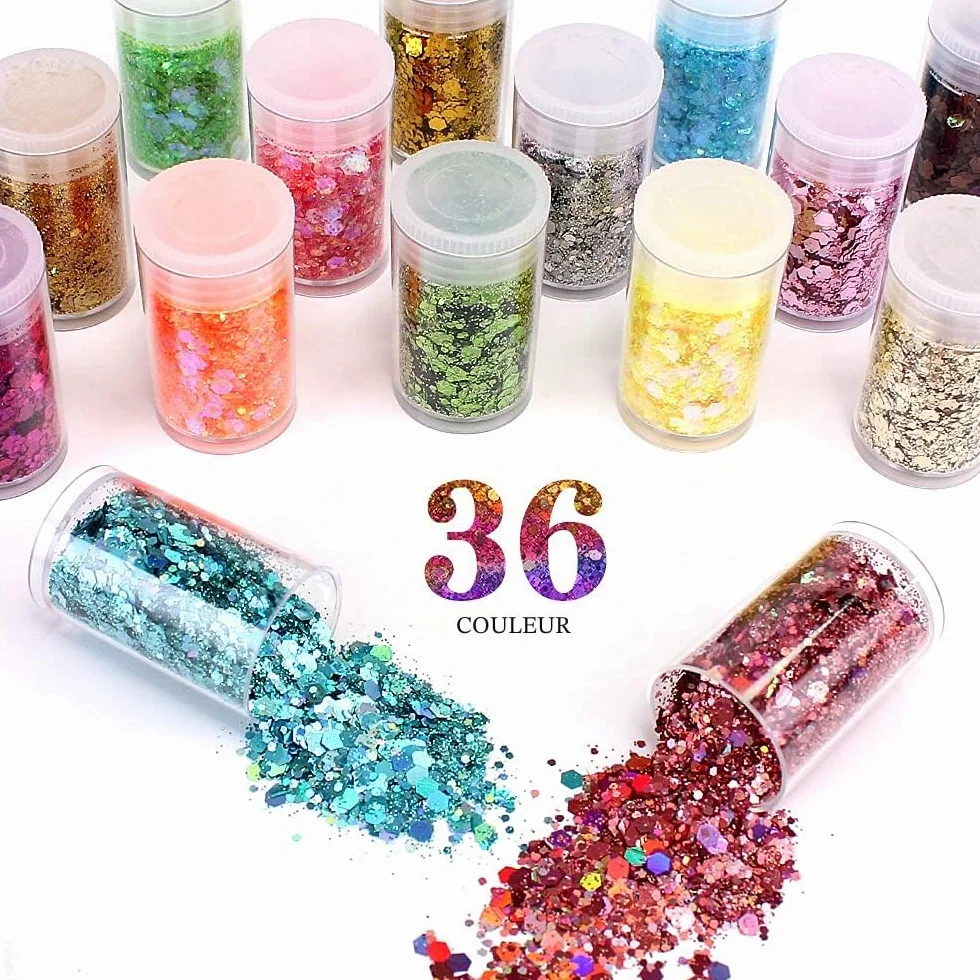 Paillettes irisées cosmétiques 36 couleurs mélange grossières et fines visage corps yeux ongles
