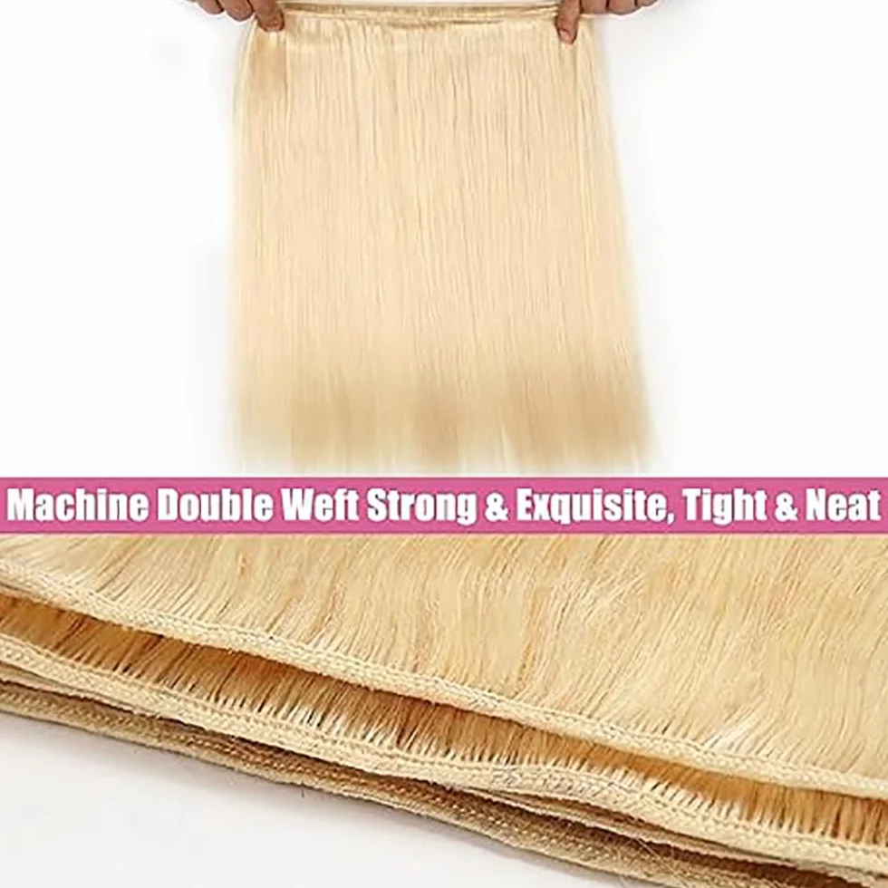 Human Hair Bundles Straight Tissage Naturel Cheveux Humain 100% Unprocessed Brésilienne Remy Virgin en lot Meches Weave Extensions Double Weft Color #613 Blonde 26 Pouces