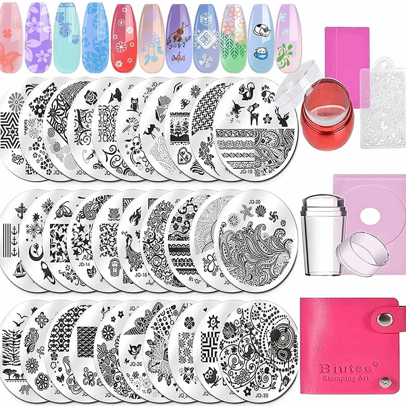 Biutee Stamping Tampon Nail Art Plaque d'ongles 30 modèles d'impression d'ongles 2 Tampon 2 Grattoir 1 Paquet de Cartes
