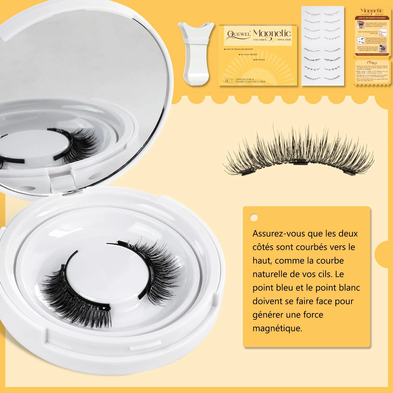 QUEWEL Faux Cils Magnetique Naturel Réutilisables avec Applicateur, Aucune Colle Nécessaire
