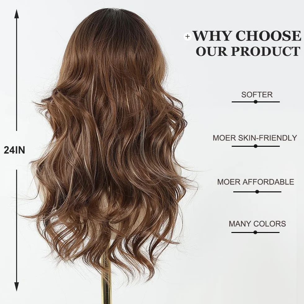Esmee Perruque Marron Longue et Droite pour Femmes Perruque à Frange en Cheveux Synthétiques Layered pour Soirée Cosplay Quotidienne