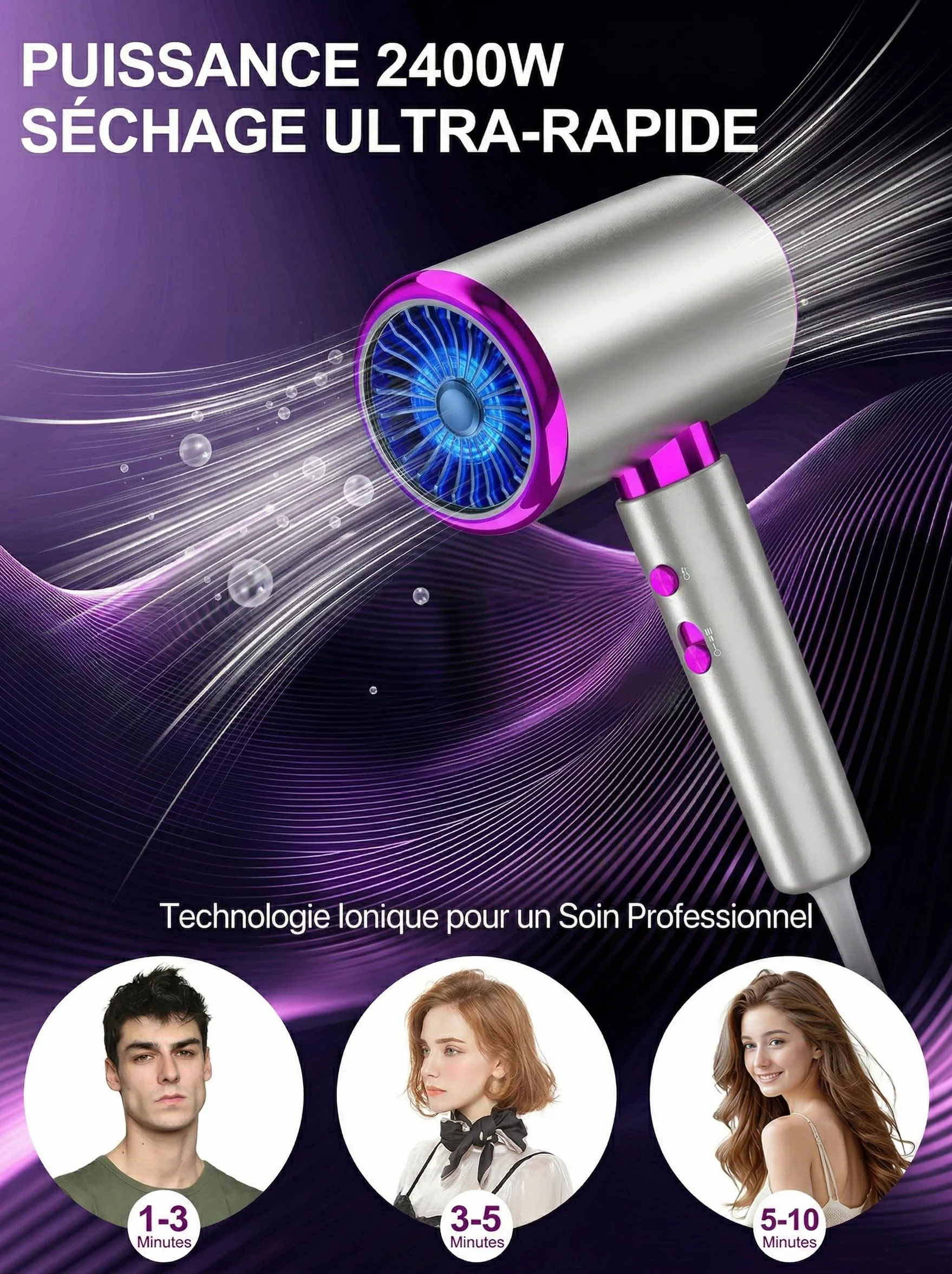 Sèche Cheveux Ionique 2400W Diffuseur Boucles 3 Températures 2 Vitesses Air Froid