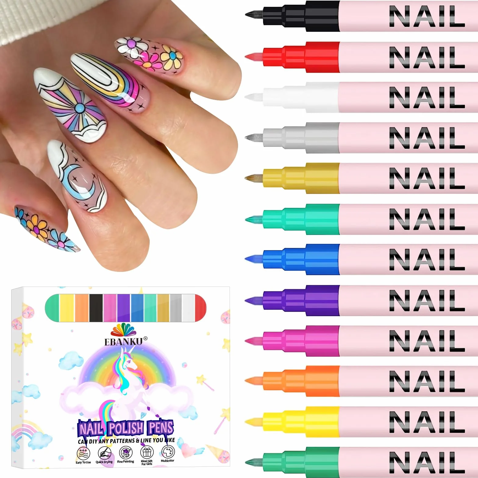 EBANKU Nail Art 3D 0,7 mm Vernis à ongles à séchage rapide Marqueurs pour nail art Peinture acrylique Point Graffiti Dotting Liner Stylo Outils pour la maison le salon manucure (12 colors)