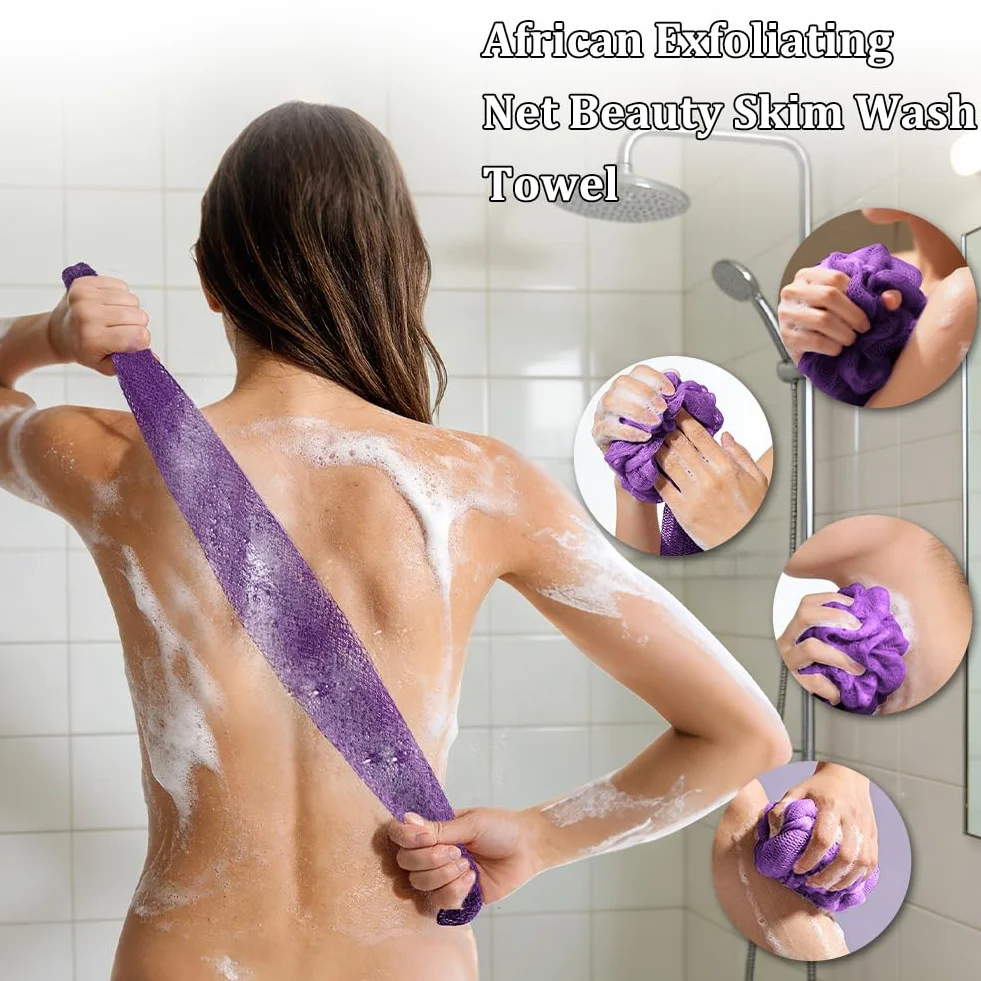 Filet de Douche Africain Exfoliant, Éponge de Gommage Corps Nylon Séchage Rapide, 2 Pièces Rose Clair Violet Foncé