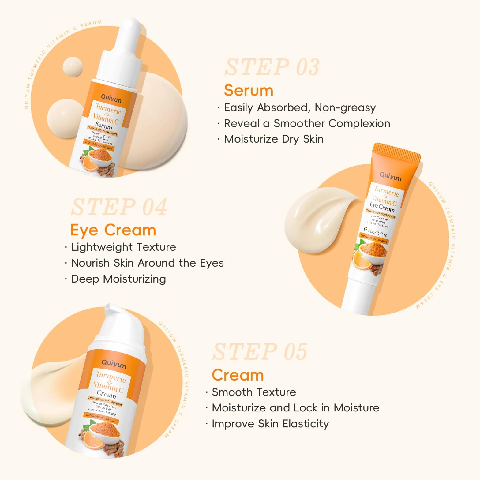 QUIYUM Coffret Soins Visage Curcuma Vitamine C 5 Pièces Hydratant Nettoyant Toner Crème Yeux Essence