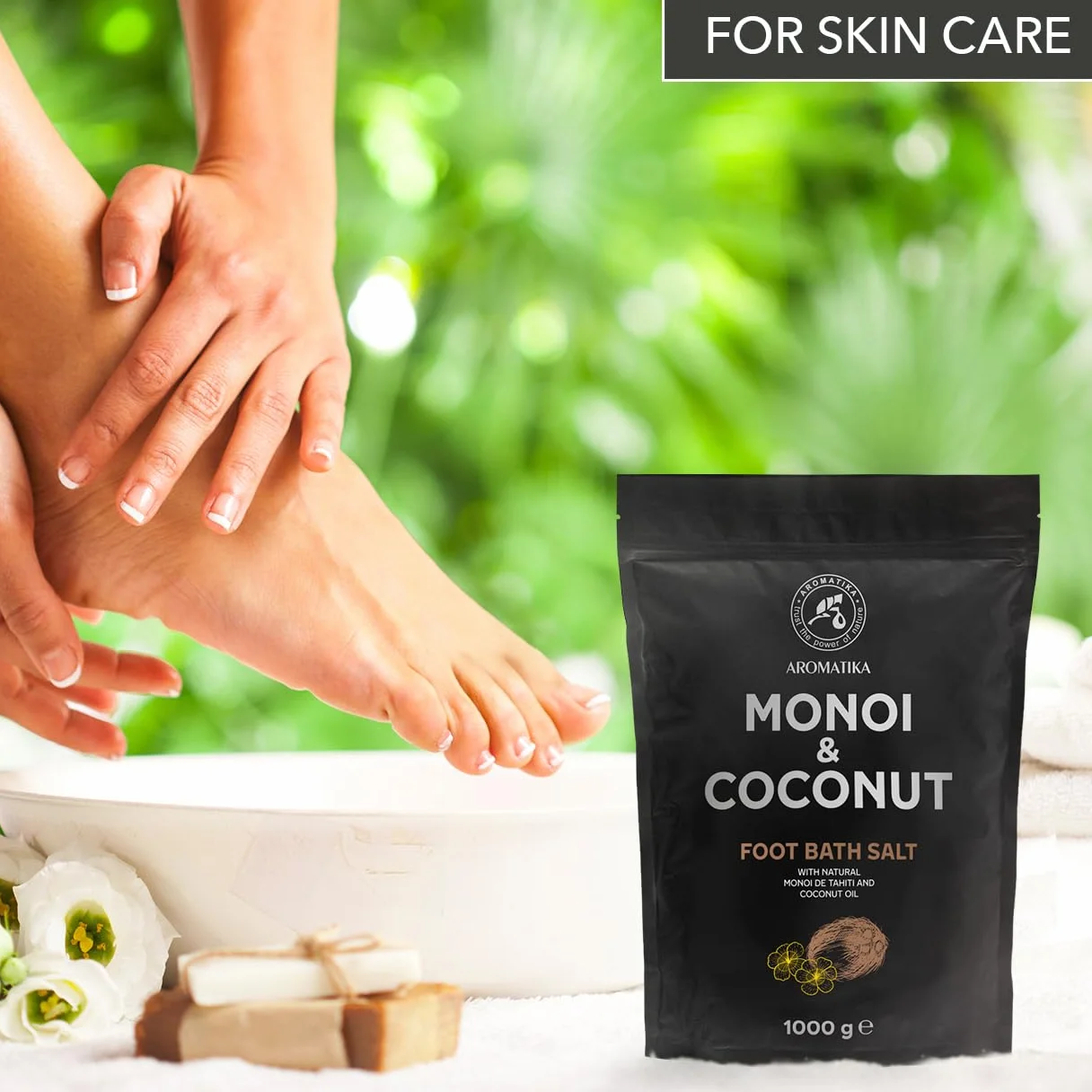 Sel de Bain pour Pieds Monoï de Tahiti & Coco 1000g - Huile de Monoï de Tahiti et Coco - Bain pour Pieds au Sel de Mer Naturel - Aromathérapie