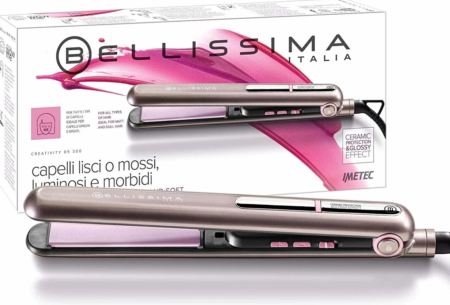 Bellissima Creativity B9 300 Lisseur, pour des Cheveux Lisses ou Bouclés, Revêtement en Céramique, Réglage de la Température de 150 à 230 °C, Système de Chauffe Rapide