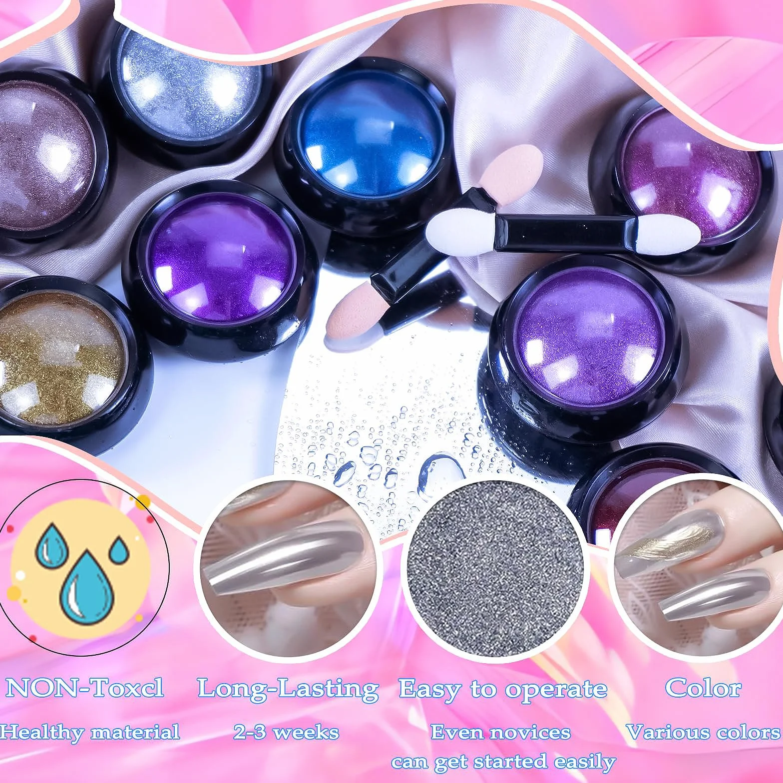 Poudre à Ongles à Frotter 12 Pièces, Poudre Chrome Ongle, Poudres Miroir Effet Chromé, avec Pinceaux, pour Nail Art Décoration