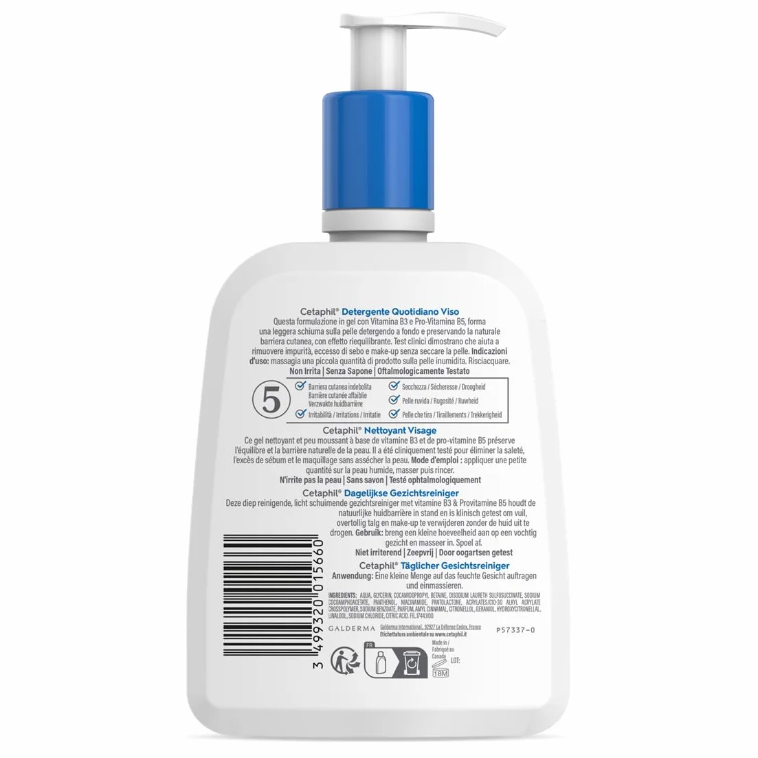 Cetaphil Gel Nettoyant Visage 237ml pour Peaux Sensibles Mixtes à Grasses à la Niacinamide Panthénol et Glycérine