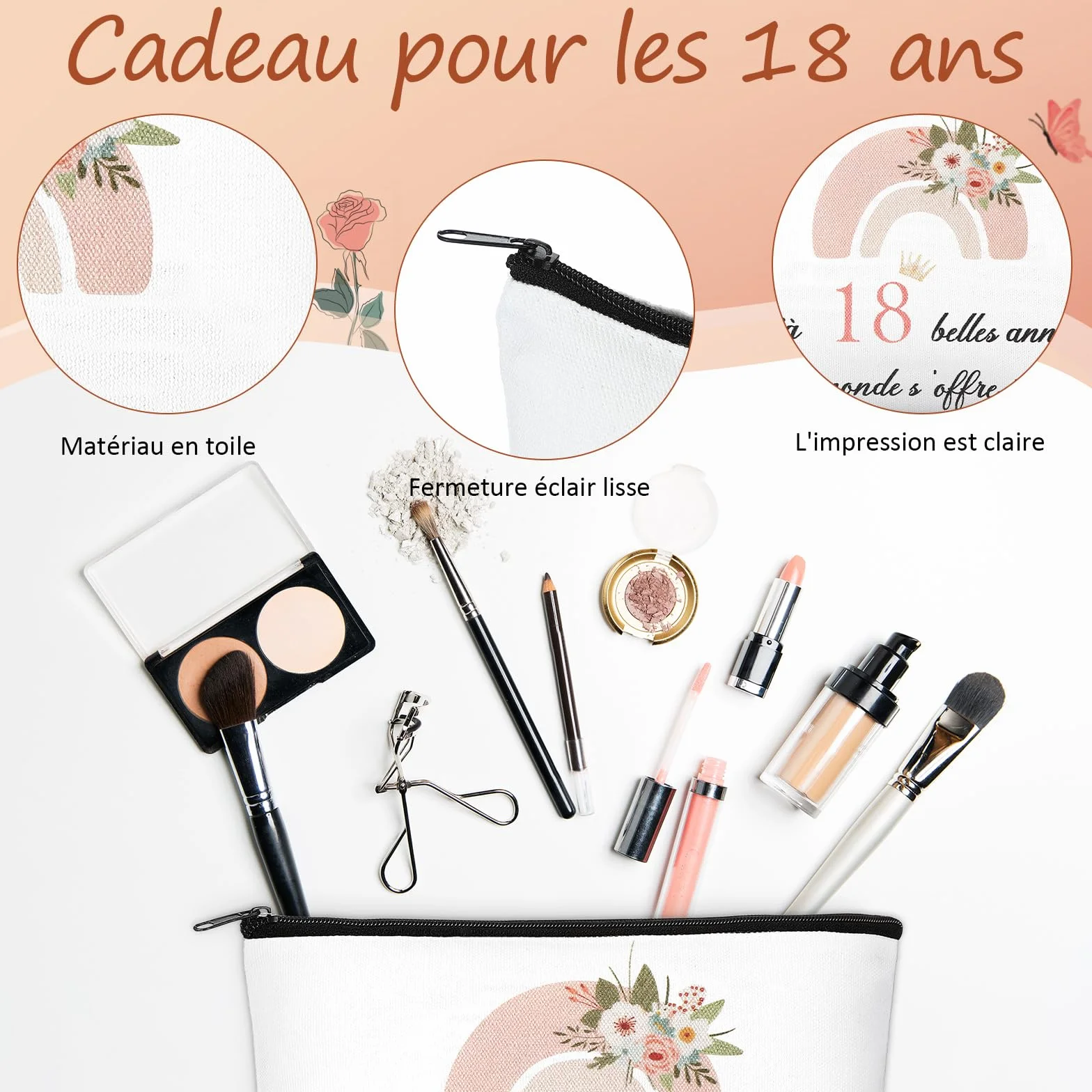 Trousse de Toilette avec Fermeture Éclair et Porte-Clés Cadeau pour 18 Ans Fille