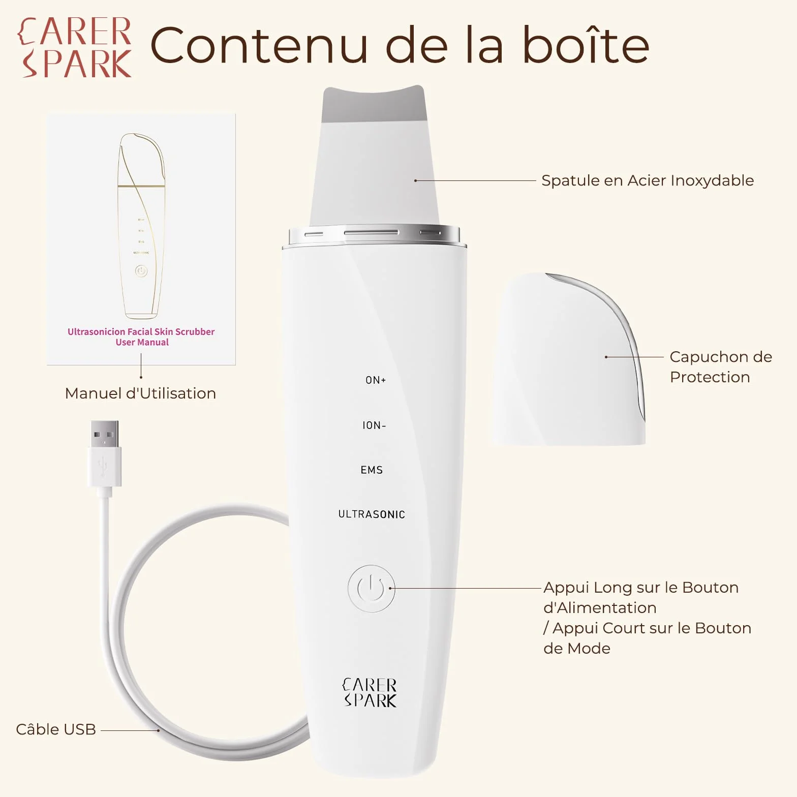 CARER SPARK Épurateur de Peau Ultrasonique - Spatule Visage à Ultrasons EMS Ions Lumière Rouge et Bleue, 4 Modes pour Nettoyage en Profondeur Élimination des Points Noirs Exfoliation Douce