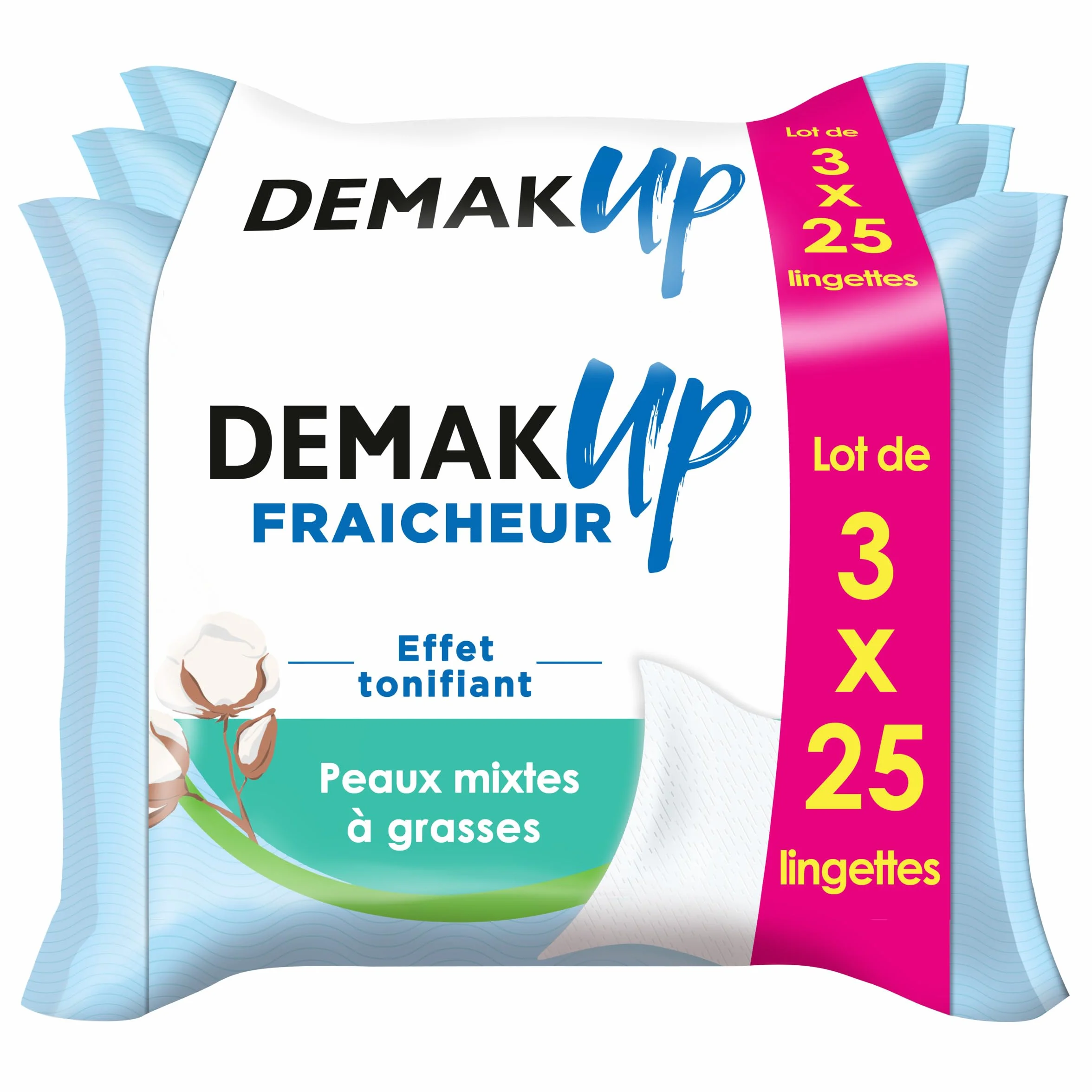 Demak'Up Fraîcheur Lingettes à démaquiller Visage et Yeux Peaux Mixtes à Grasses 3x25