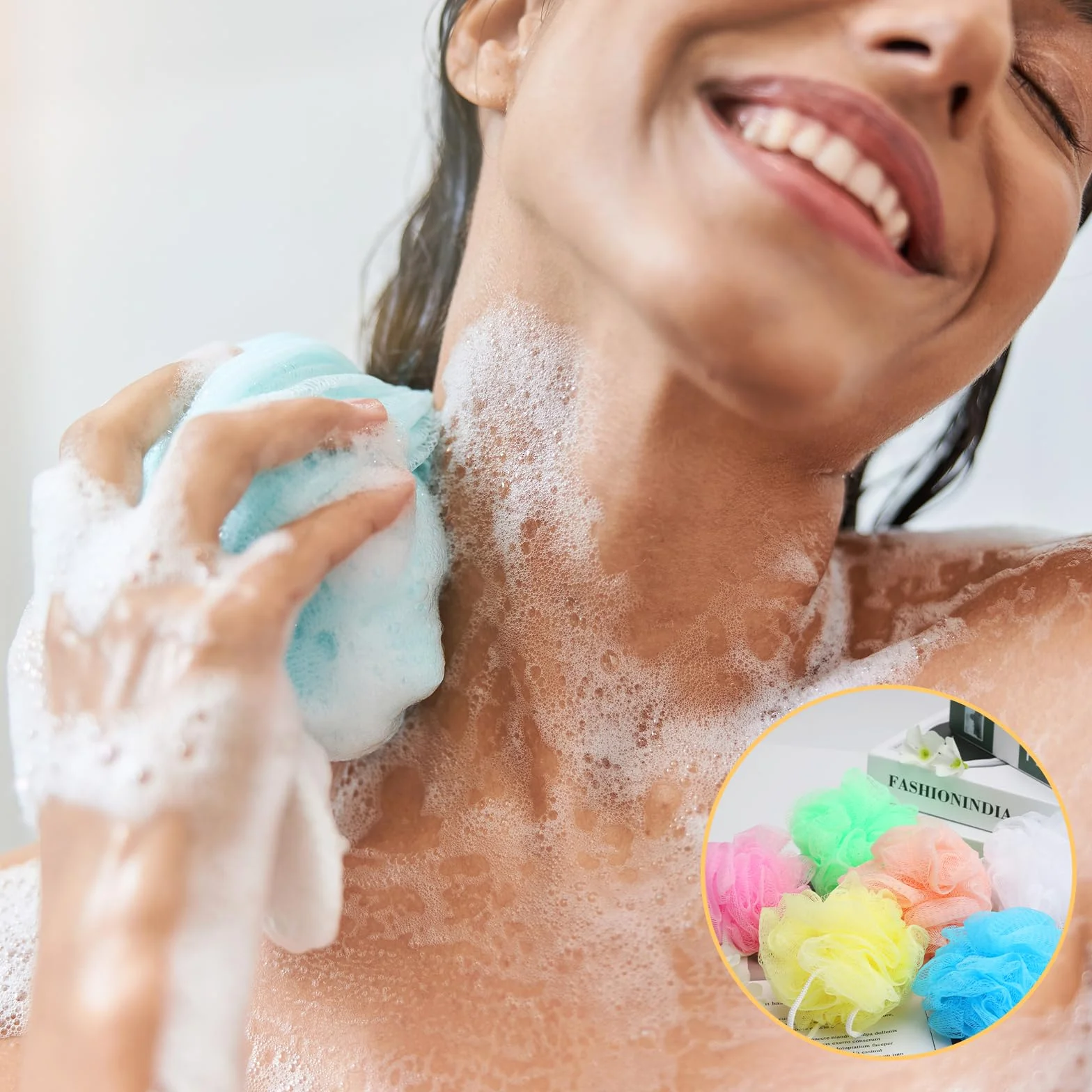 Lot de 6 Éponge de Douche Douce Durable Fleur Lavable Maille Massage Corps Nettoyage Exfoliation avec Crochet
