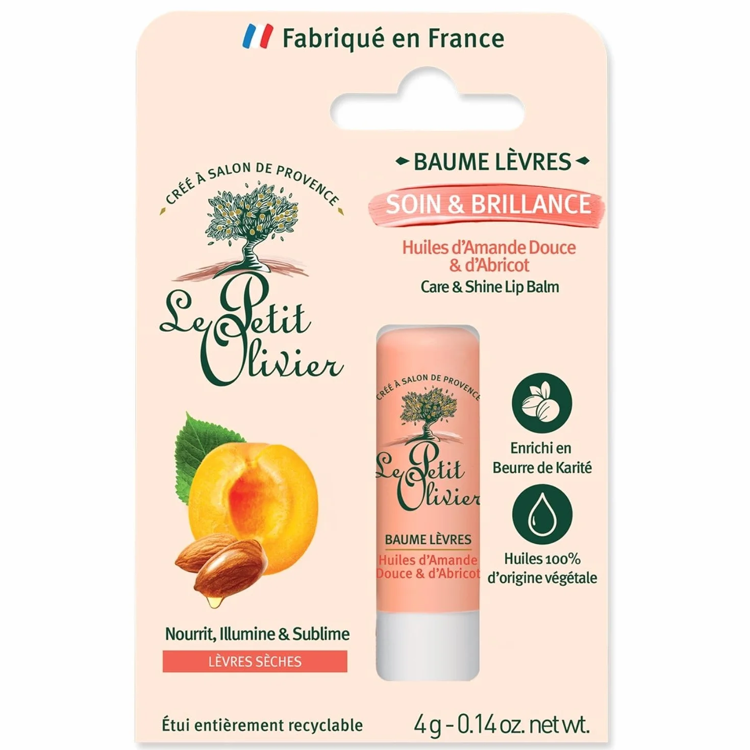 LE PETIT OLIVIER Baume Lèvres Soin & Brillance Huile d'Amande Douce et Abricot 4 g