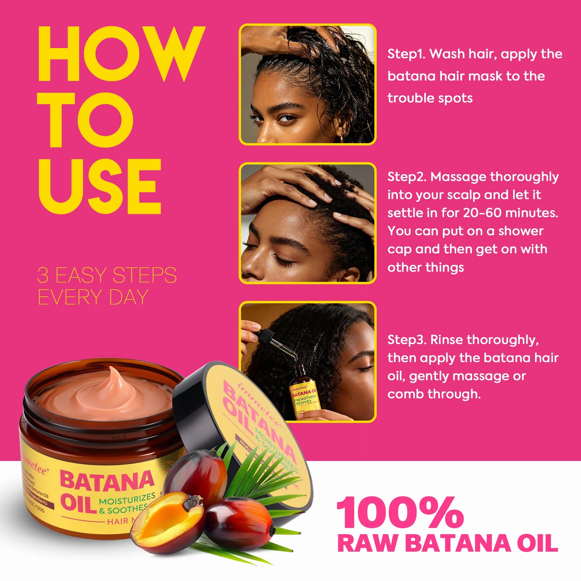 Kit huiles Batana immetee, Masque capillaire Batanas, Soin cuir chevelu cheveux secs crépus, Huile nourrissante profondeur cheveux secs colorés