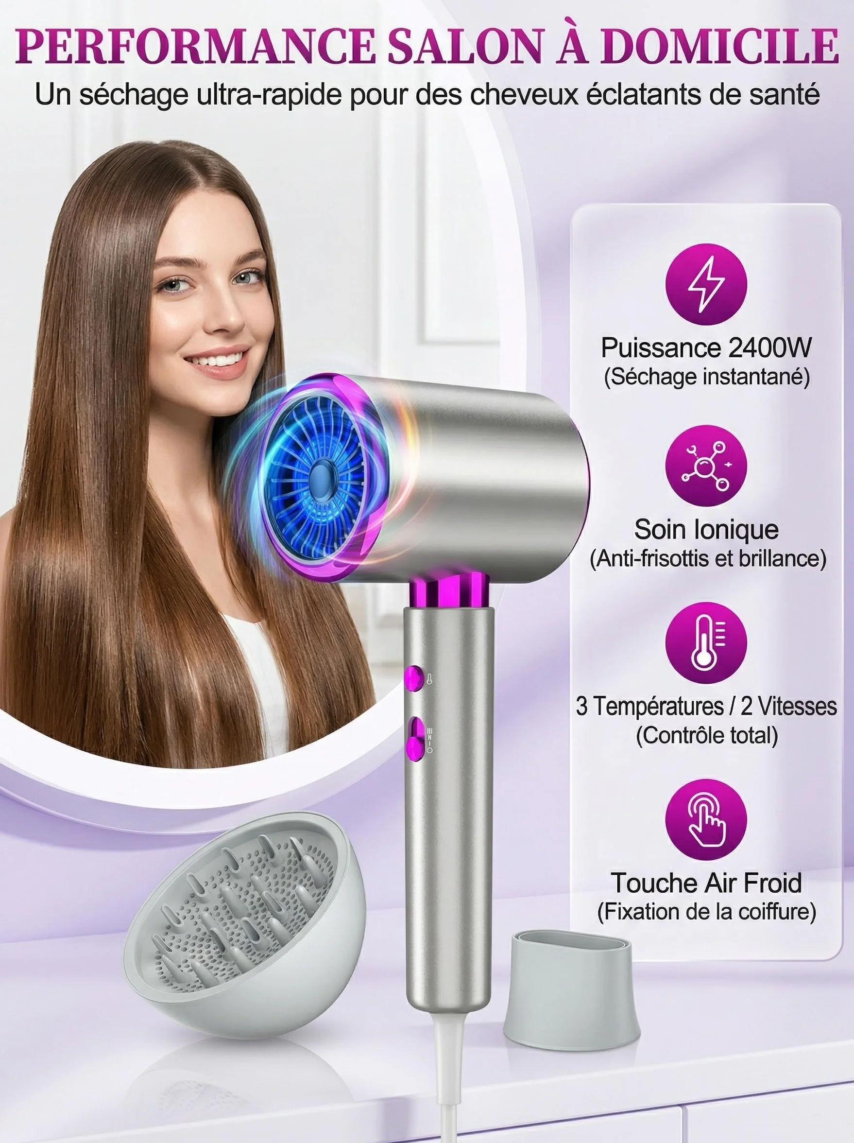 Sèche Cheveux Ionique 2400W Diffuseur Boucles 3 Températures 2 Vitesses Air Froid