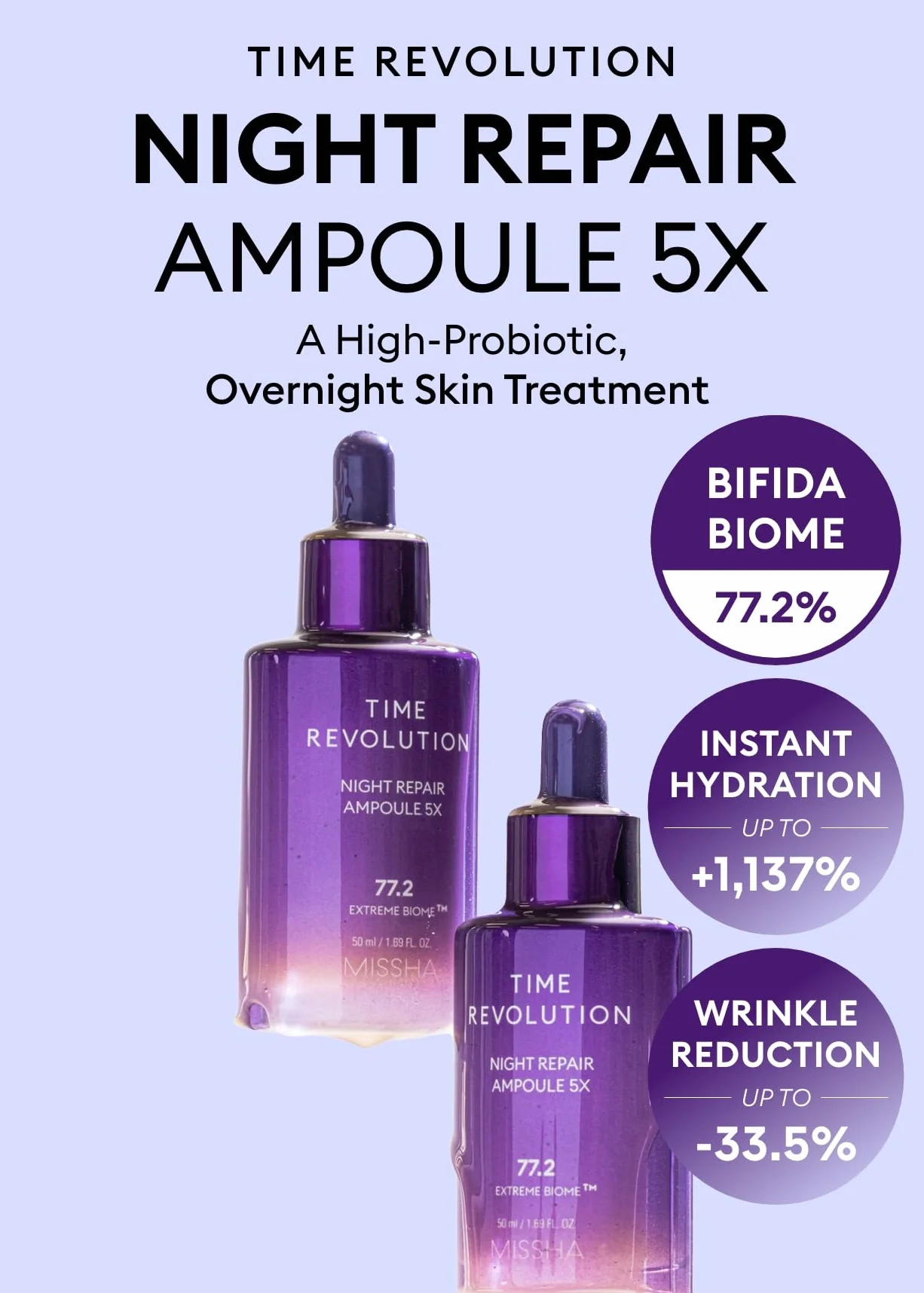 MISSHA - Time Revolution Night Repair Ampoule 5X | Revitalise la Peau Nocturne | Combat les Signes du Vieillissement | Améliore Texture et Élasticité, Naturel, 50 ml