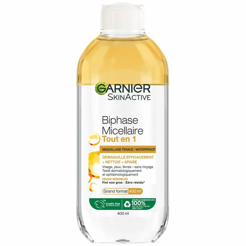 GARNIER Skin Active Biphase Micellaire 400 ml Nettoyant Démaquillant Visage Yeux Lèvres