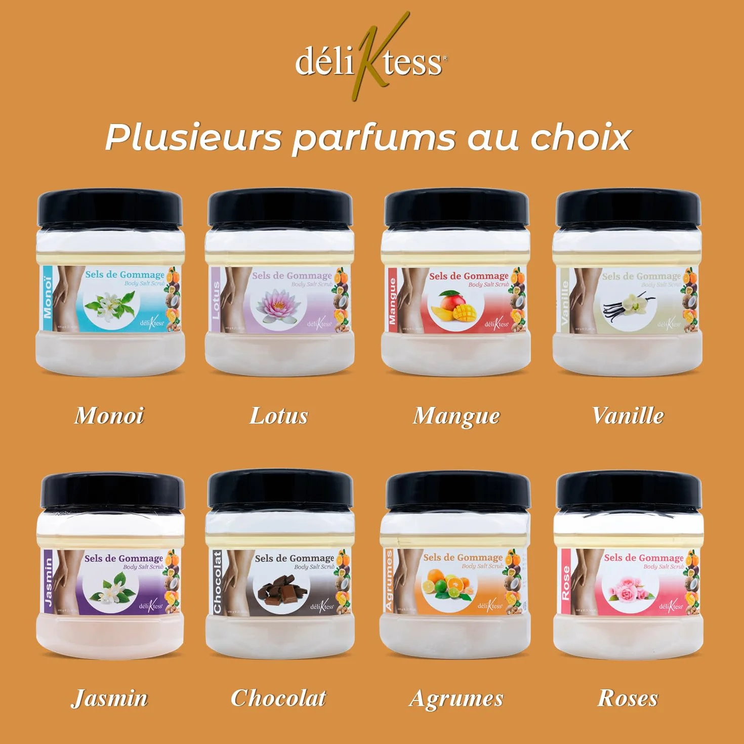 Gommages pour le corps parfumés Exfoliant au sel marin 600 gr 18 parfums Fabriqués en France Agrumes