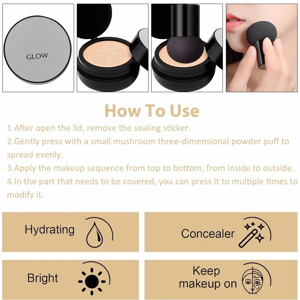 Crème CC Air Cushion Tête de Champignon Fond de Teint Cushion BB Maquillage Correcteur Visage et Cou Teint Uniforme Naturel