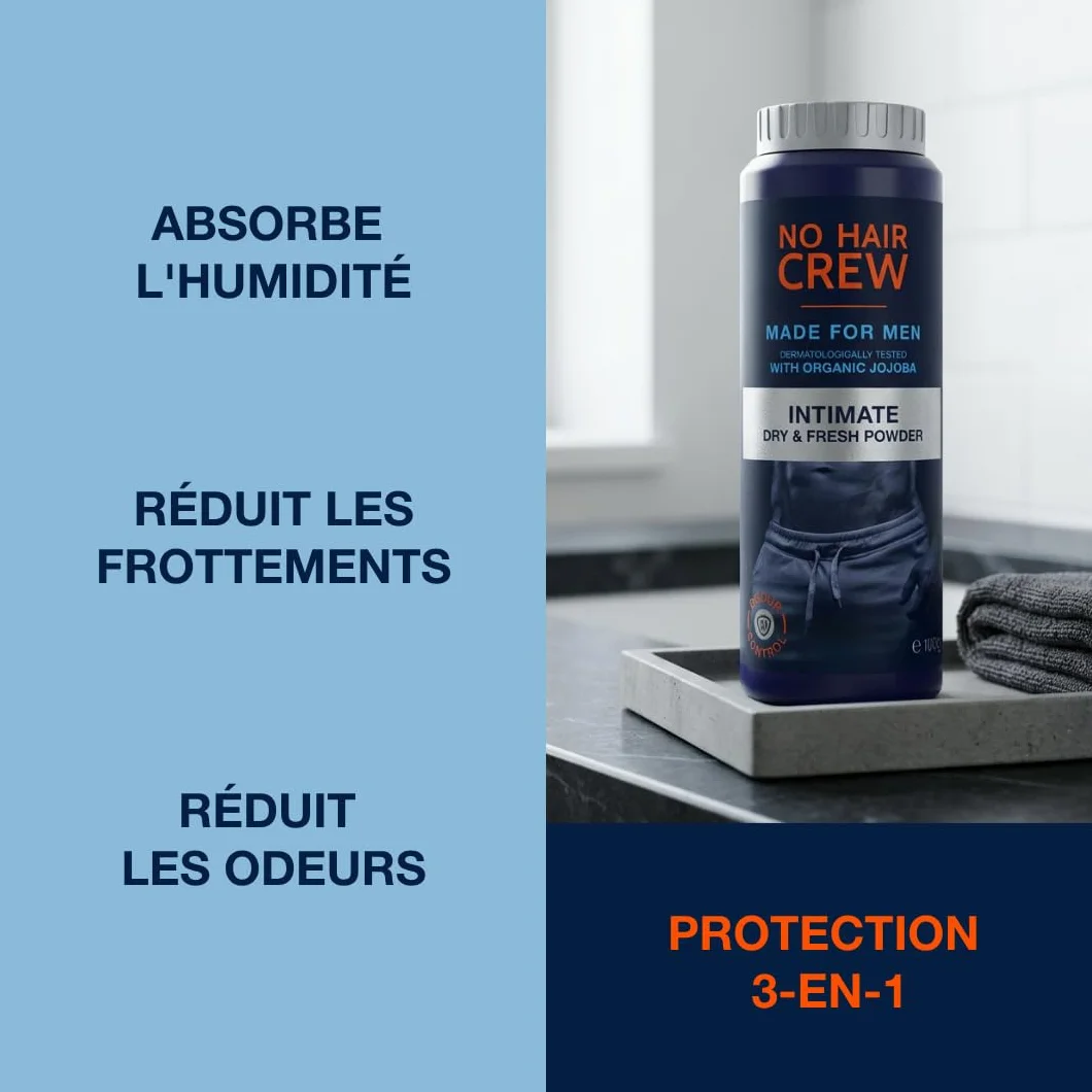NO HAIR CREW Dry & Fresh Poudre Intime pour Hommes 100 g – Poudre Corporelle Sans Talc contre la Transpiration et les Odeurs