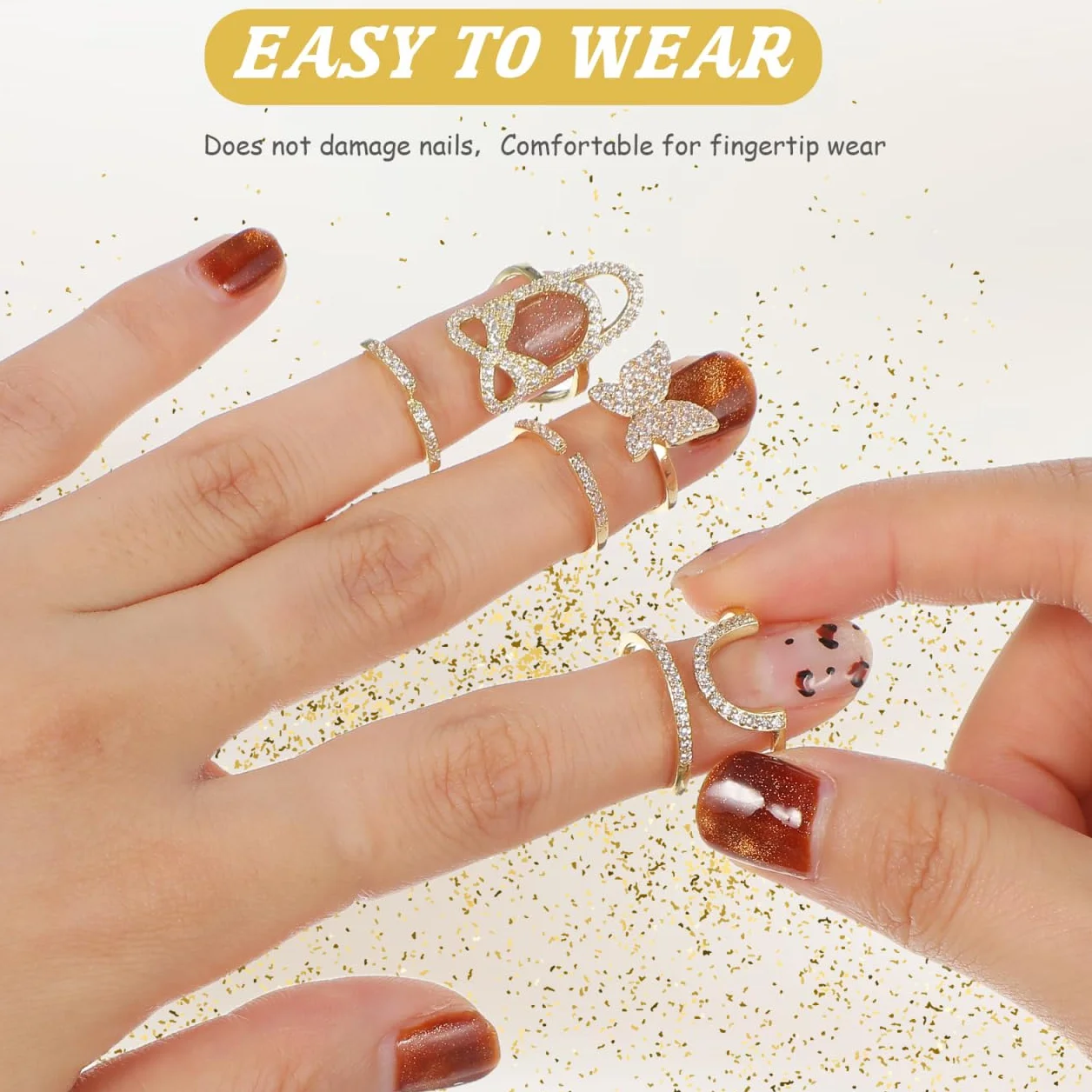 Bagues À Ongles Zircon Strass Nail Art Bijoux Décoration Pour Femmes 3 Pièces
