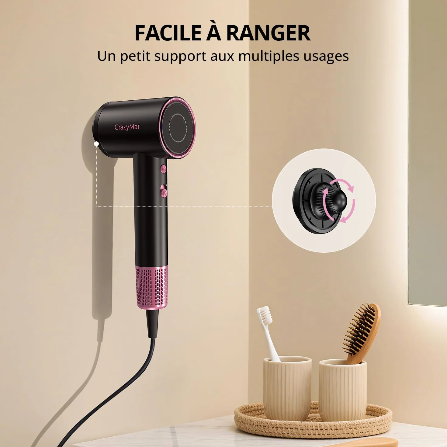 Sèche Cheveux Ionique Professionnel 180 000 tr/min, 4 Températures, Protection Surchauffe, Faible Bruit (Noir)