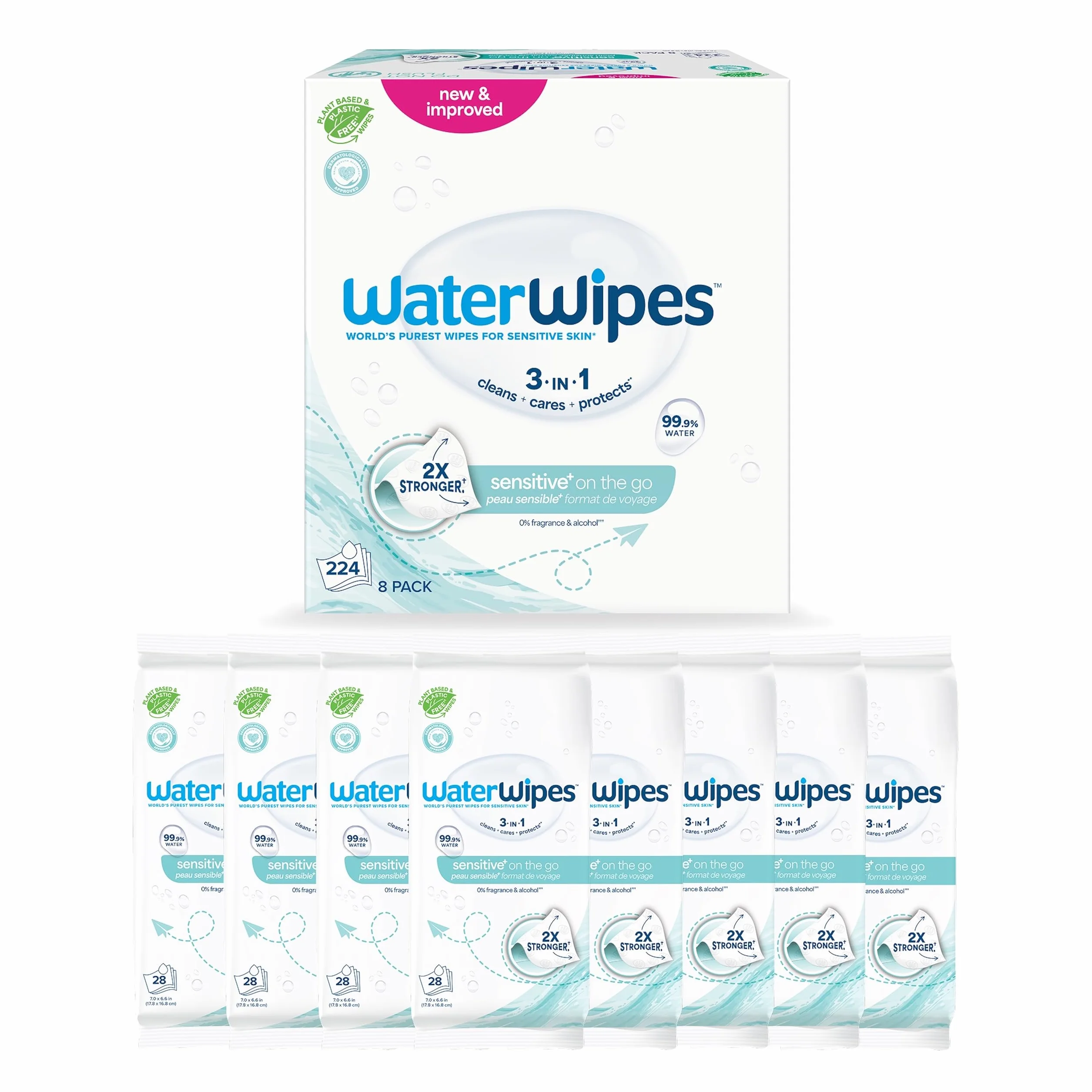 WaterWipes Sensitive+ Lingettes On The Go 224 unités 8 paquets 3-en-1 nettoie soigne protège 99,9% d'eau non parfumées