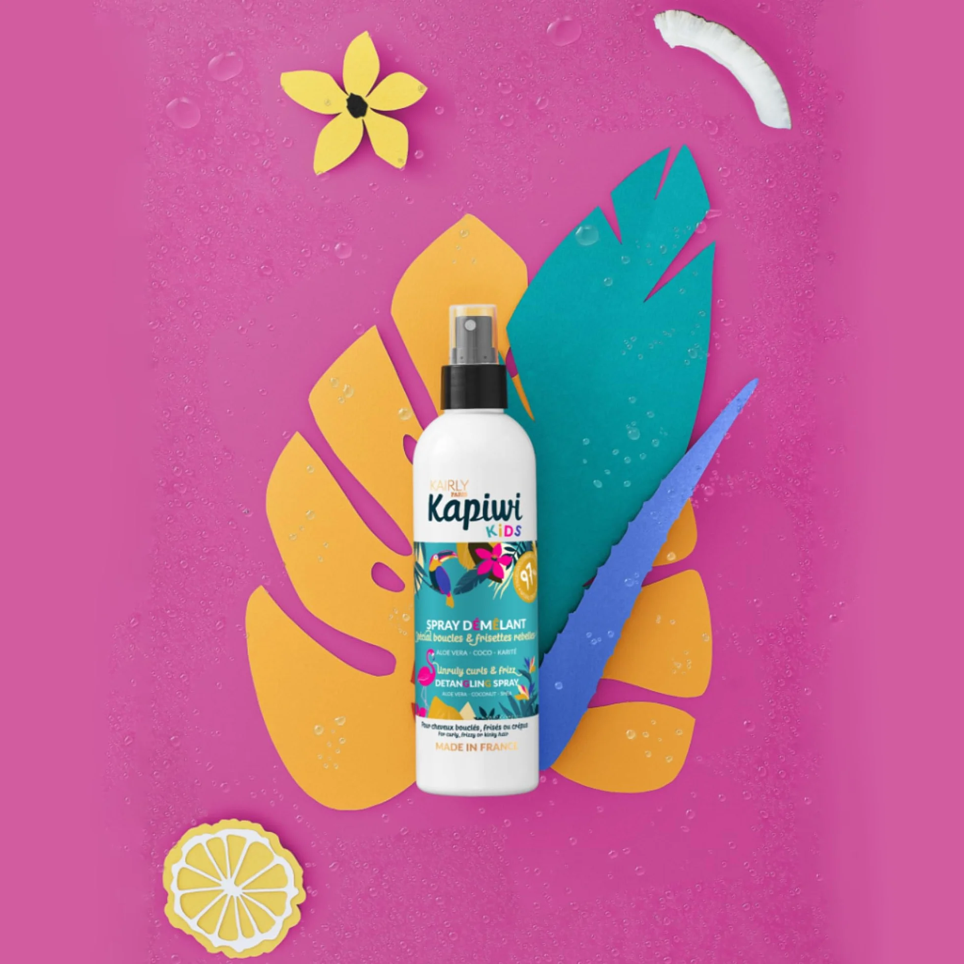 KAPIWI Kids Spray Démêlant Cheveux Bouclés Frisés 240ml Aloe Vera Coco Karité 97% Naturel