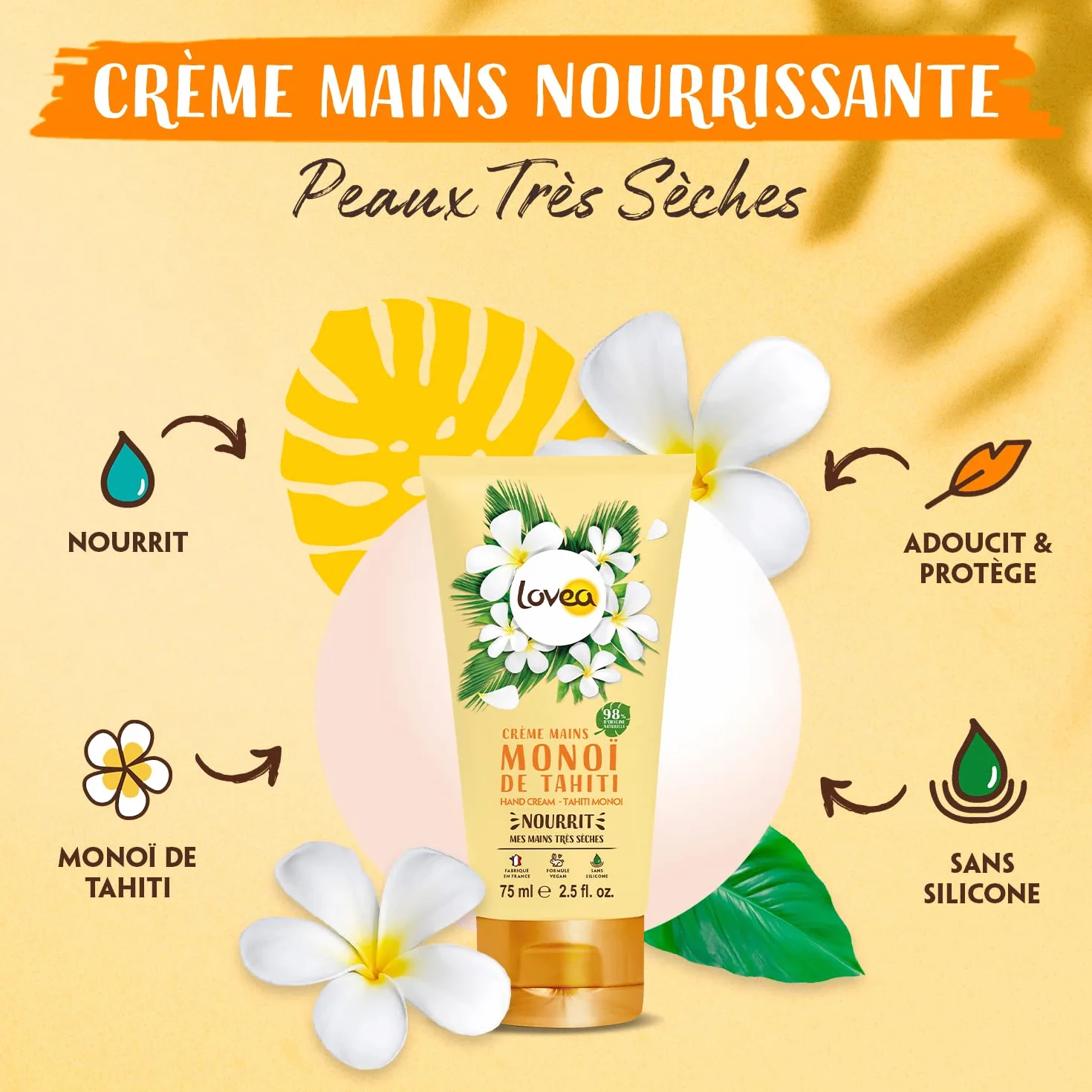 LOVEA Crème Pour les Mains Monoï de Tahiti 75 ml Peaux Très Sèches 98% d'Origine Naturelle Vegan