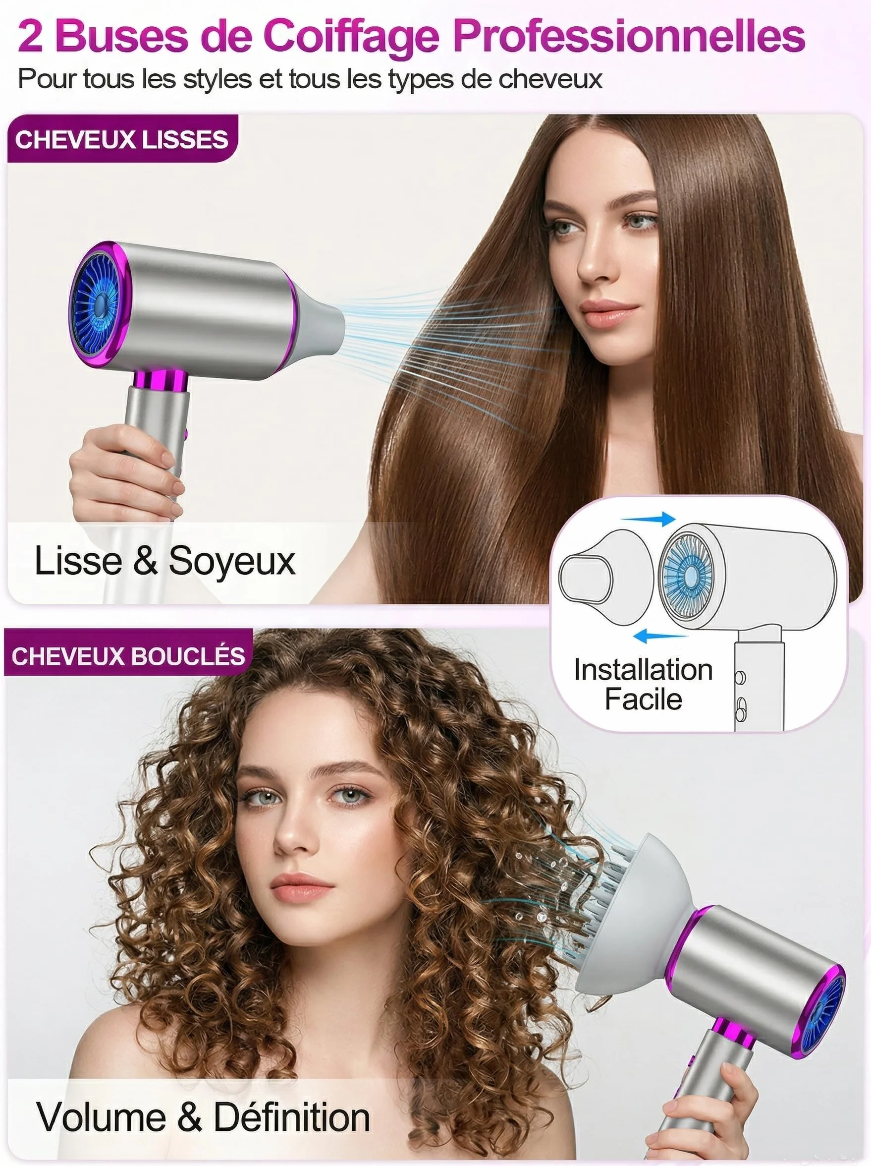 Sèche Cheveux Ionique 2400W Diffuseur Boucles 3 Températures 2 Vitesses Air Froid