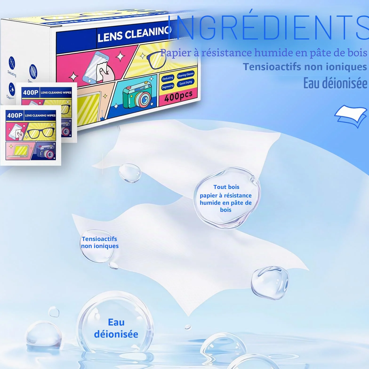 Lingettes nettoyantes pour lunettes lot de 400, emballées individuellement, pré-humidifiées pour lentilles, appareils photo, téléphones