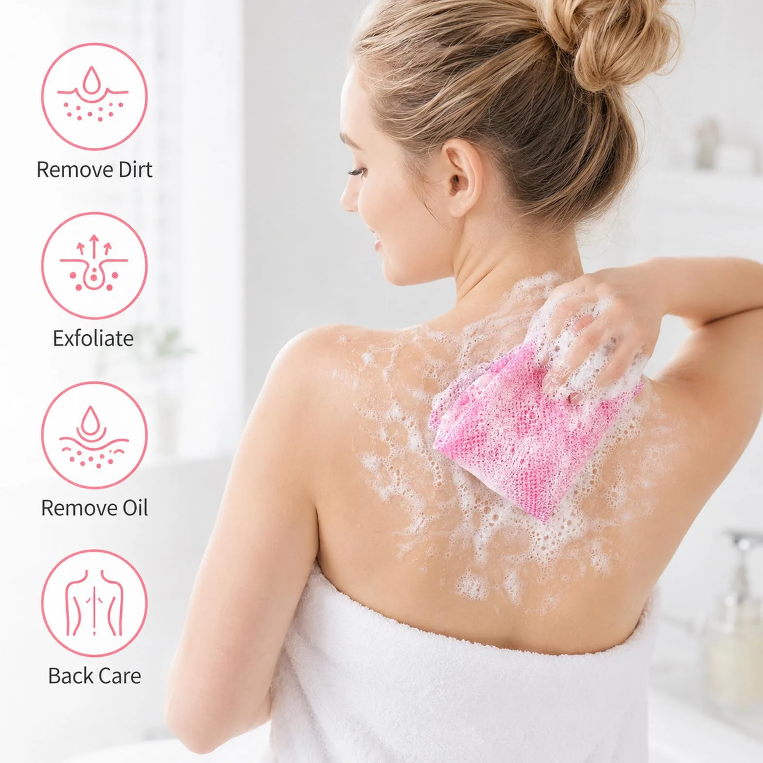 Serviette Exfoliante Réutilisable Filet de Douche Africain Nylon Résistant pour Corps Femmes Hommes Noir Rose