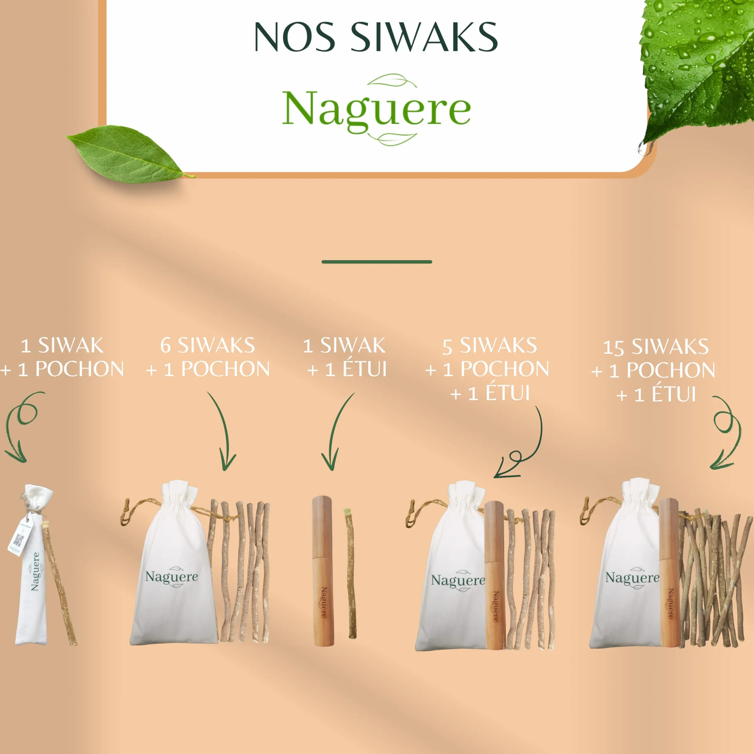 Siwak Naturel 6 Batons de Miswak Sec + Pochon Sans Conservateur Écologique Sans Plastique
