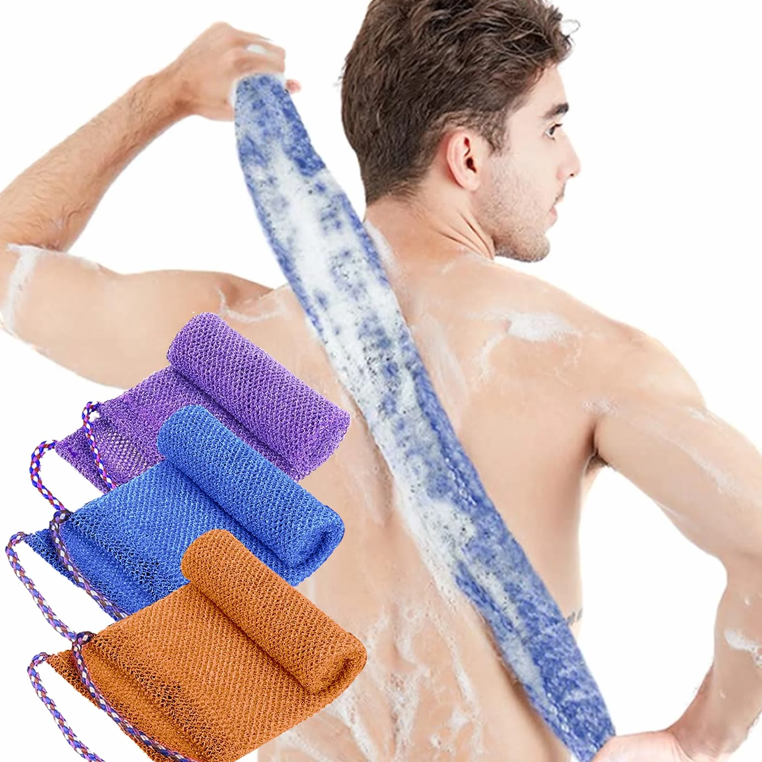 Filet de Bain éponge Exfoliante Gommage Corps 3 Pcs Doux Durable Bleu Violet Marron