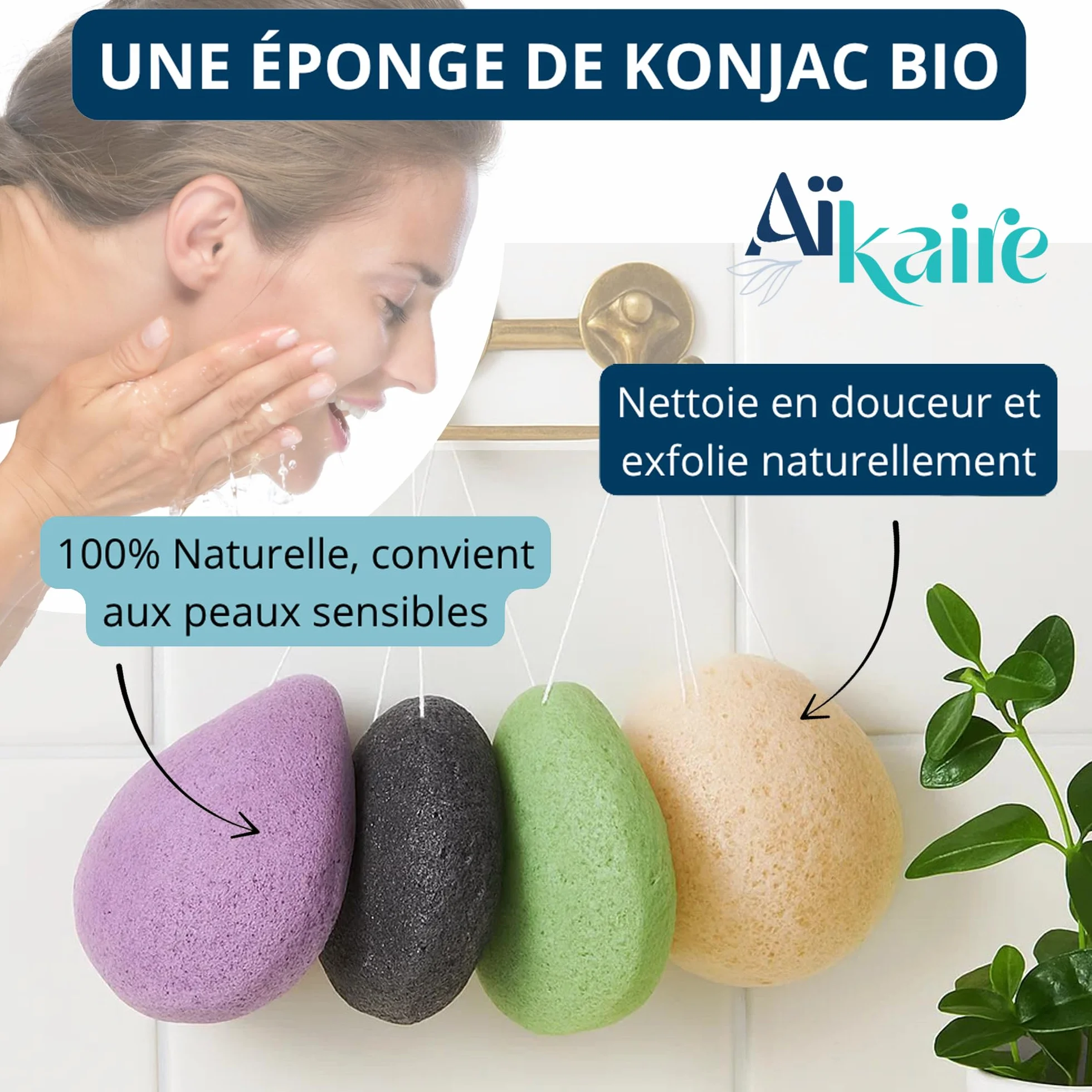 Eponges de Konjac Bio visage thé vert charbon lavande coques de noix Lot de 4 gouttes exfoliante végétale naturelle nettoyante