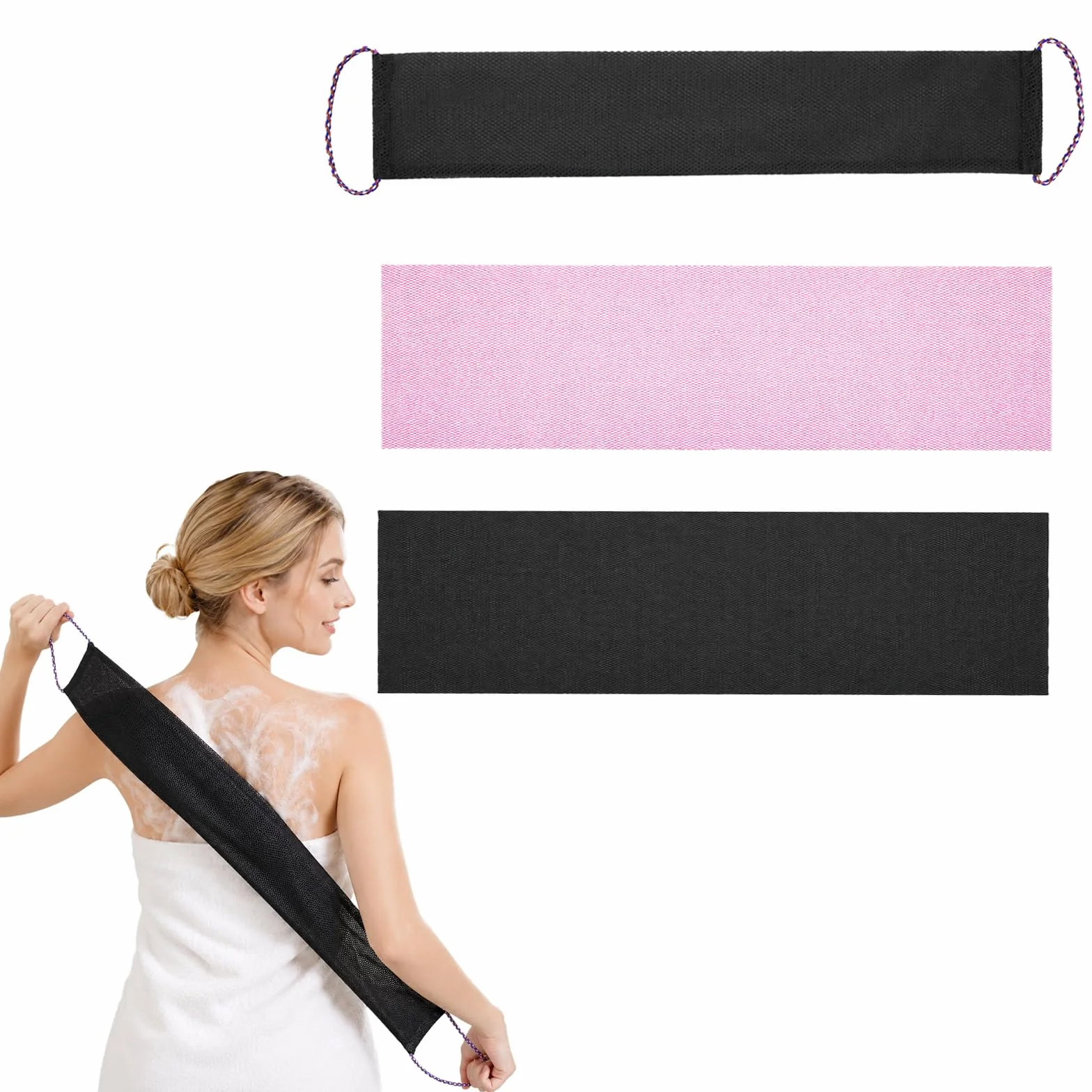 Serviette Exfoliante Réutilisable Filet de Douche Africain Nylon Résistant pour Corps Femmes Hommes Noir Rose