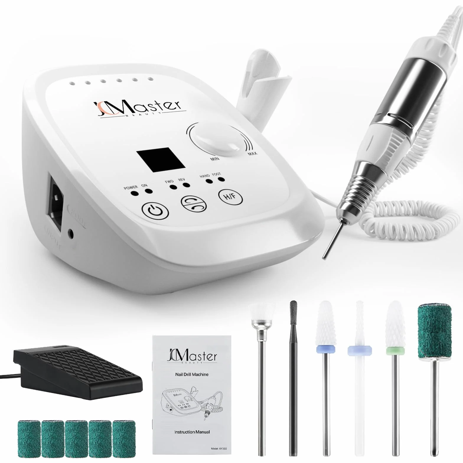JCMASTER Ponceuse pour Ongles Professionnelle, 35000 tr/min Lime à Ongles Électrique avec Pédale + 6 Embouts Set Manucure Pédicure pour Retirer le Vernis/Gel/Cuticules