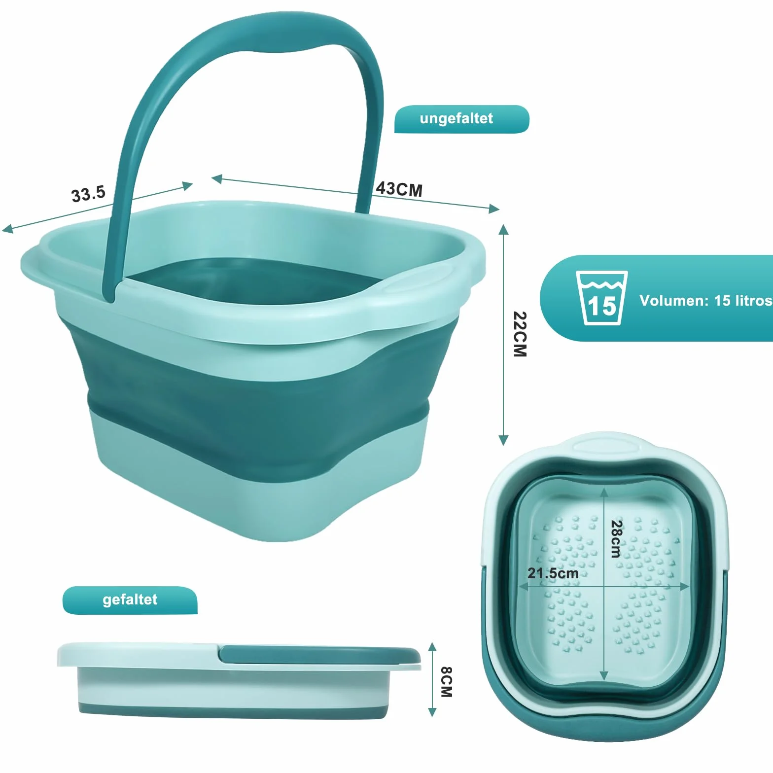 Bain de Pied Plié,Vleuexe Bassine Pied avec Poignée de Transport,Bassine 15 L,Baignoire pour Pieds avec 120 Picots de Massage,Grand Seau Bain de Pieds Parfait pour des Bains de Pieds relaxants Spa