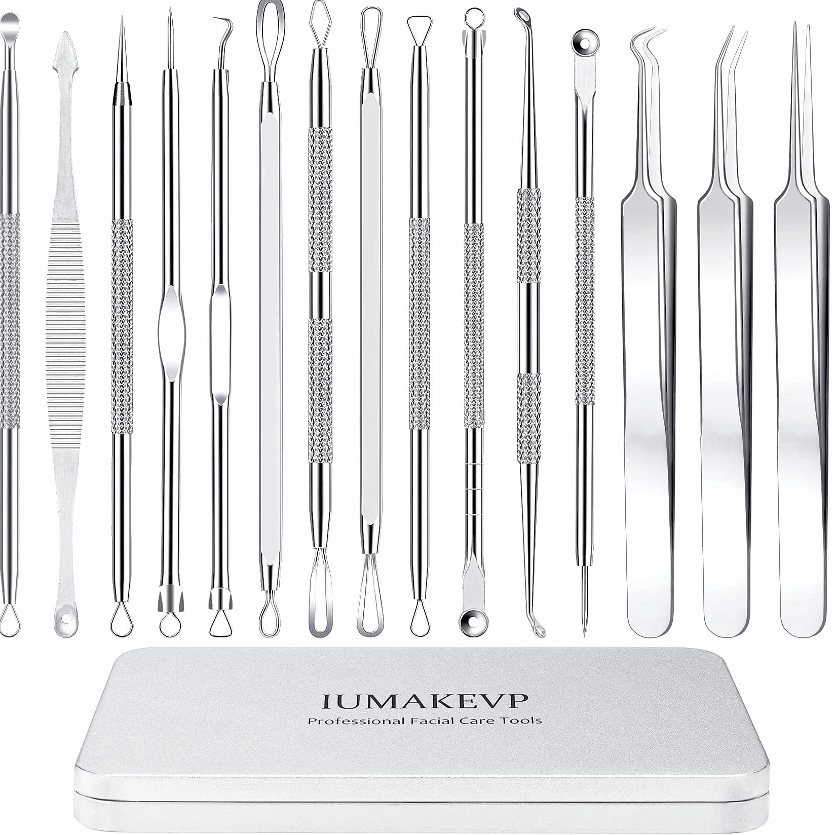 Extracteur Point Noir 15 Pièces Pince Professionnels Acier Inoxydable pour Enlever Boutons Acnés Visage - Blackhead Remover Outil Étui Métal Argent