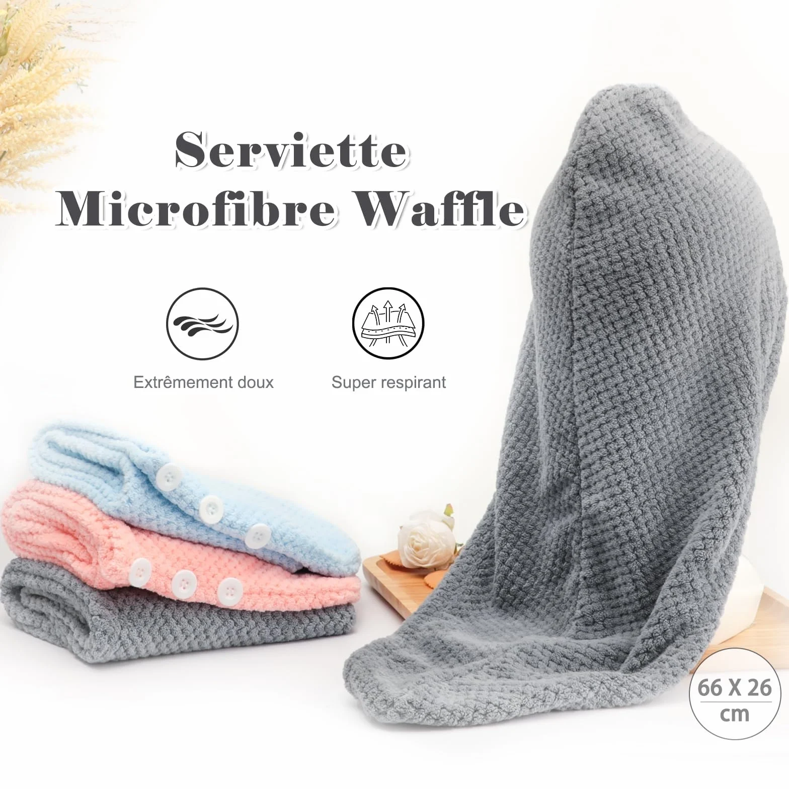 FREATECH Lot de 3 Serviettes en Microfibre pour Cheveux, Turban Anti-frisottis, Super Absorbantes