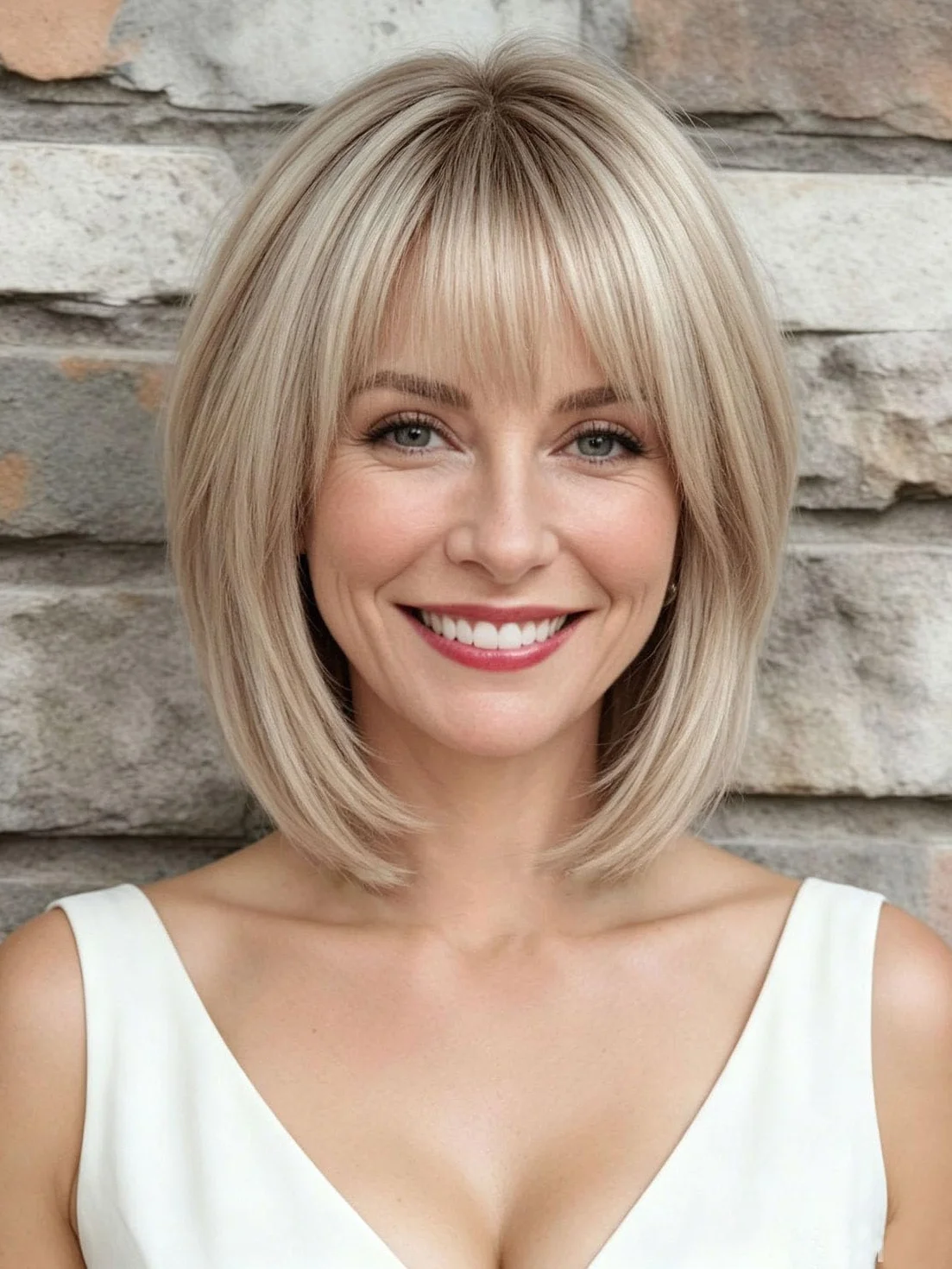 Perruque Femme Naturelle Perruque Bob Dégradée Court avec Frange Volume et Style pour Quinquagénaires Grand-mère Couvre Cheveux Blancs Perruques Synthétique Naturels Blond Clair Ombré