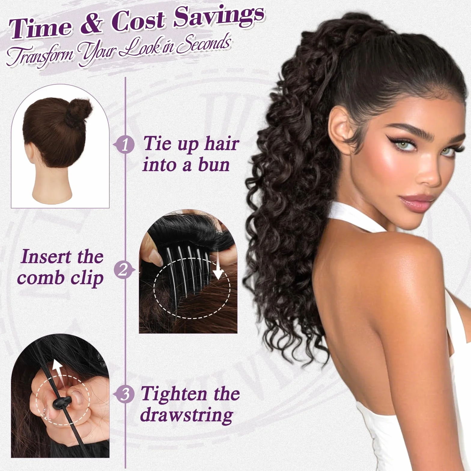 BARSDAR Marron Foncé Queue de Cheval Extension, Bouclée Queue de Cheval avec Cordon Pure Protein Fibre 45cm Bohemian Ondulée Bouclée Peigne Clip in Ponytail Postiche D'aspect Naturel Doux Léger Fêtes