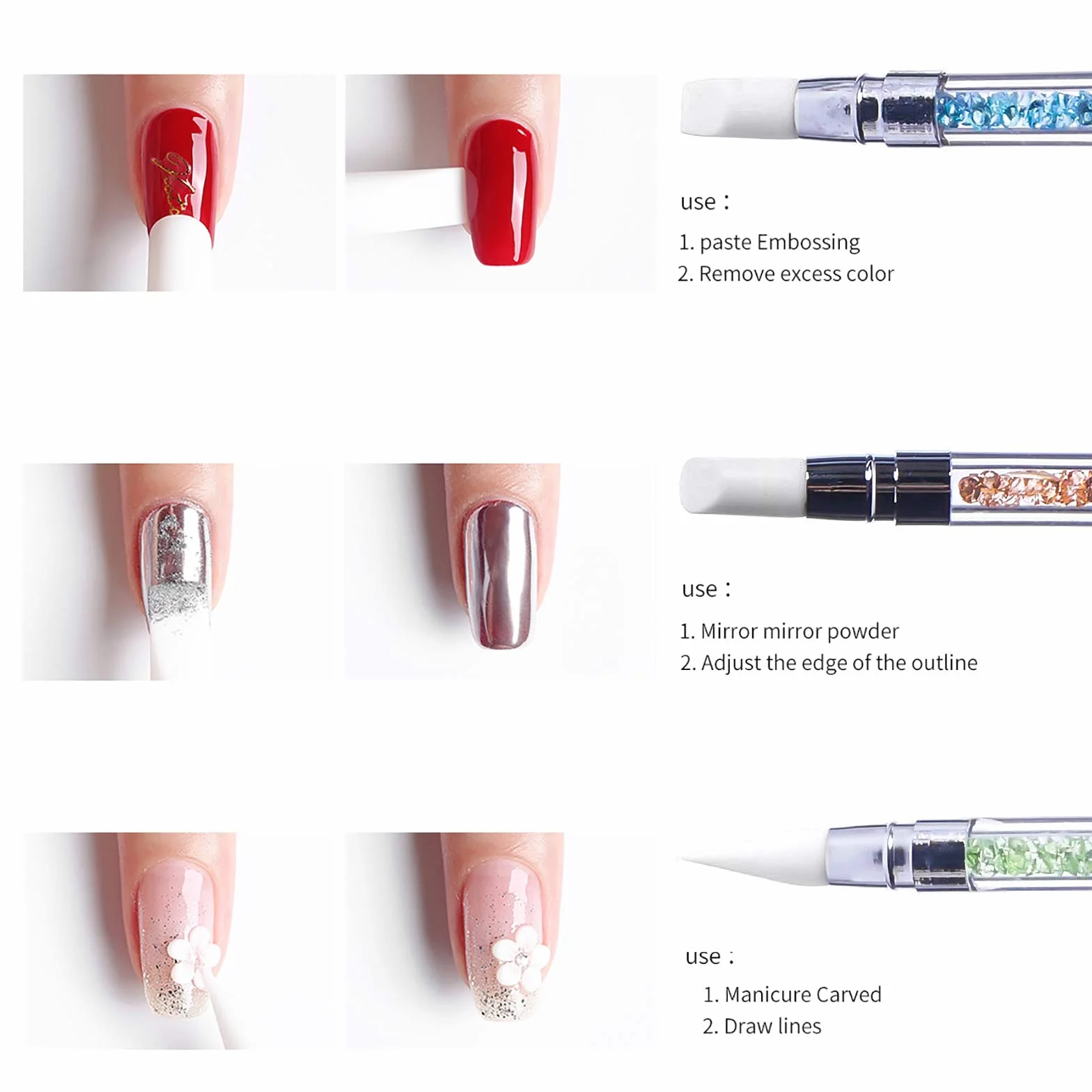 Pinceaux en Silicone Nail Art, 5 Pcs Sculpture Stylo Kit, Double Tête Outils pour Manucure