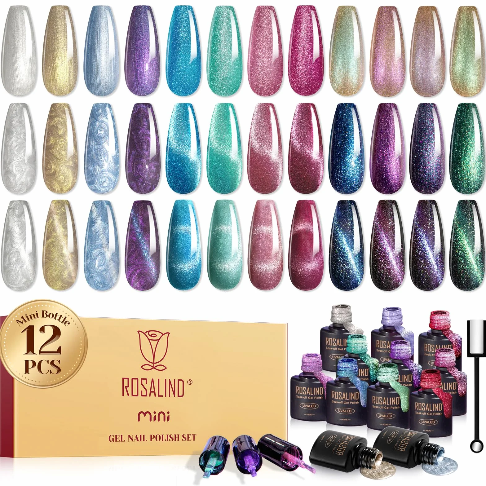 ROSALIND Vernis Semi Permanent Magnétique 12 Couleurs Cat Eye Gel UV avec Bâton Magnétique Soak-off Manucure