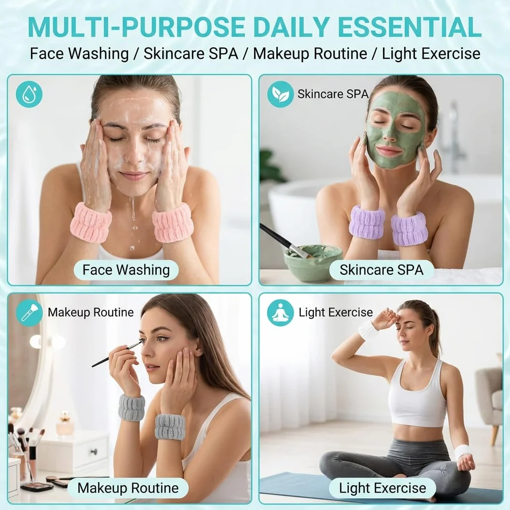 Bracelets de Lavage de Visage Absorbants, Bandeau Maquillage Skincare, Protege Poignet, 4 Paires, Rose Gris Blanc Violet