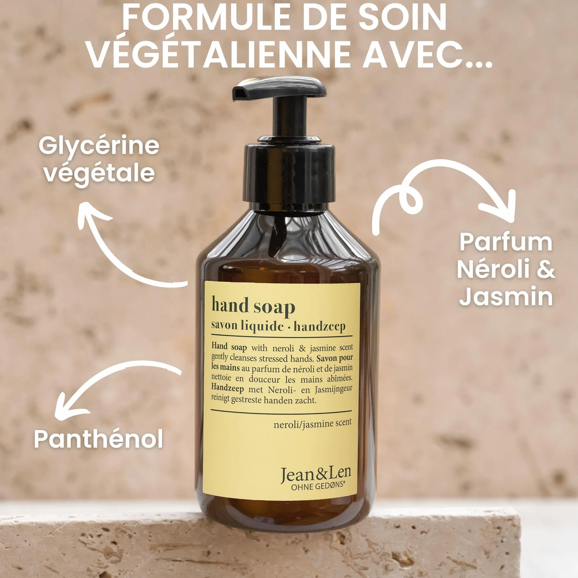 Jean & Len Savon mains Néroli & Jasmin, 250 ml, sans parabènes, végane