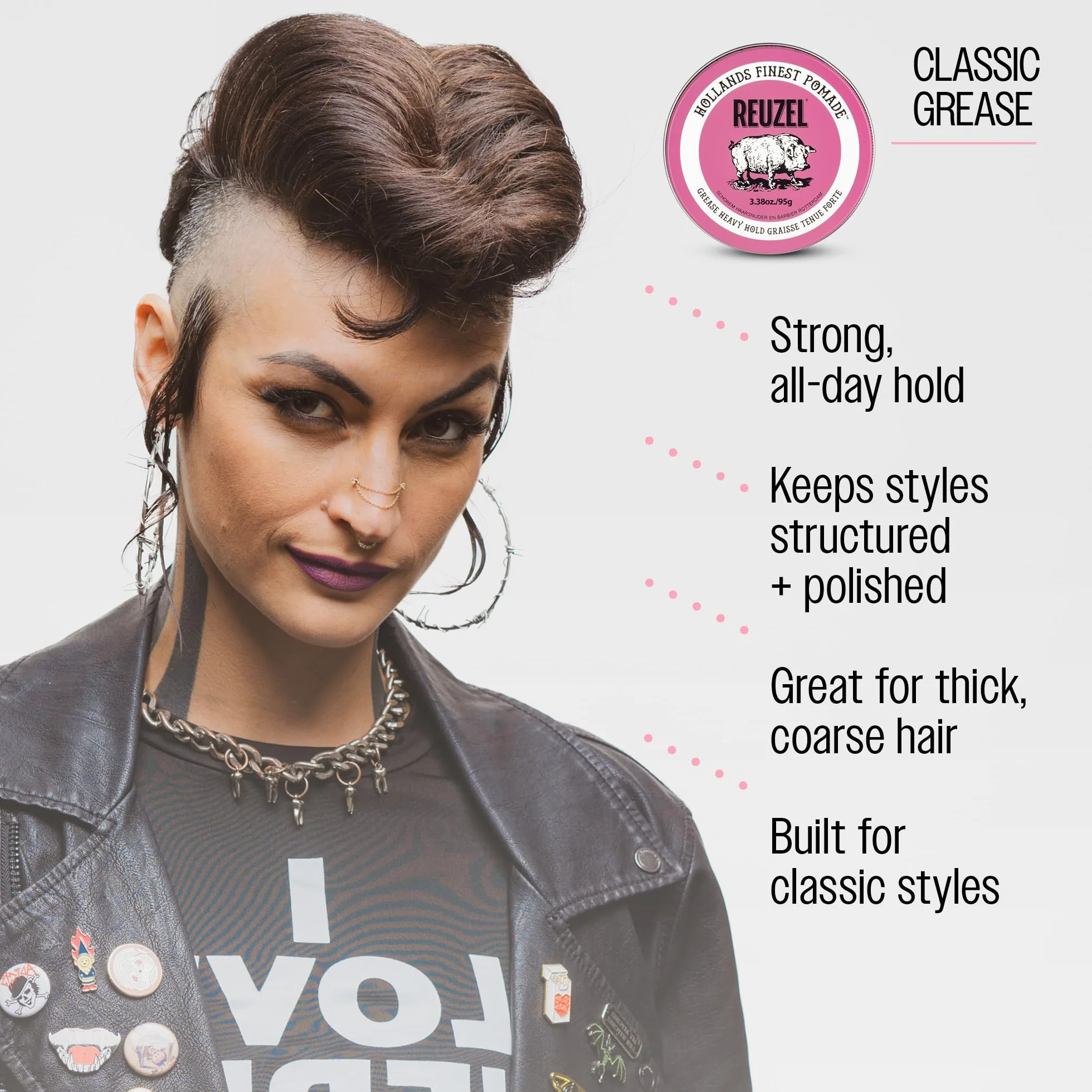 Reuzel Pommade Pink Grease Tenue épaisse, tenue forte, brillance moyenne, pommade à base d'huile, tenue toute la journée, 95g